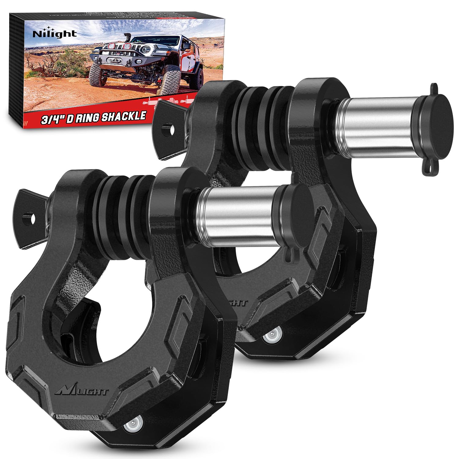 Nilight 2 Pack 3/4" D-Ring Separate Shackle 45,000 Lbs Break Strength | Includes 7/8" Lock Pin, Isolators and Washers Off Road Recovery, for Tow Strap Winch Truck Vehicle Black