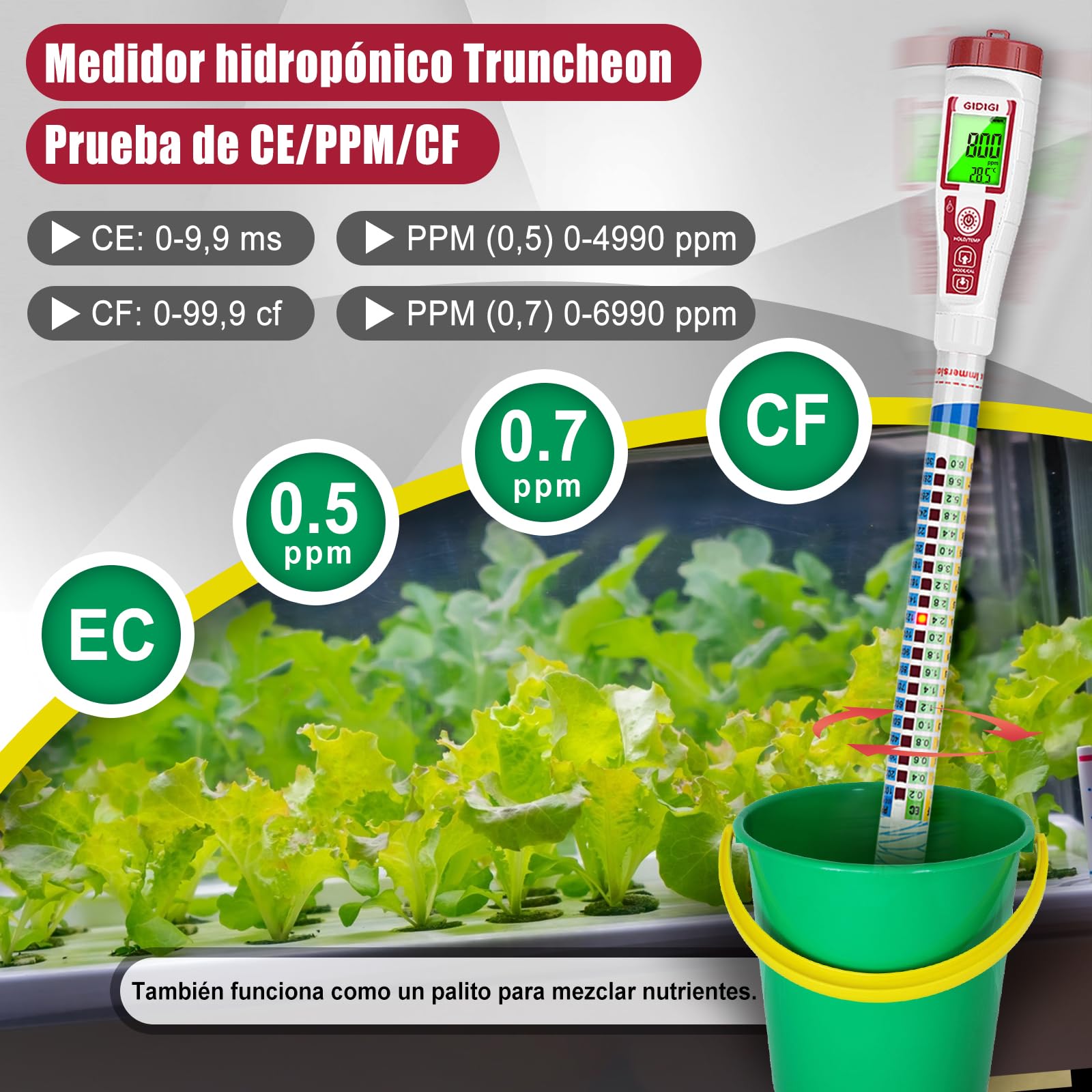 Medidor de Nutrientes Hidroponia，Medidor PPM Medidor EC ，Medidor digital de agua Probador EC TDS (EC/PPM500/PPM700/CF) Diseñado específicamente para el sistema hidropónico, cultos,DWC，Acuario