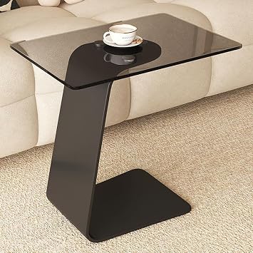 C Shaped Side Table with Glass Top, C End Table Slide Under Couch,Small Rectangle TV Tray Couch Tables for Small Space, Sofa and Bed,Gray,A