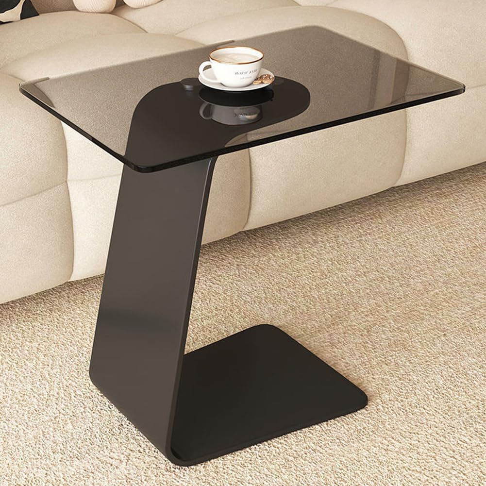 C Shaped Side Table with Glass Top, End Slide under Couch,Small Rectangle TV Tray Couch Tables for Small Space, Sofa And Bed,gray,A
