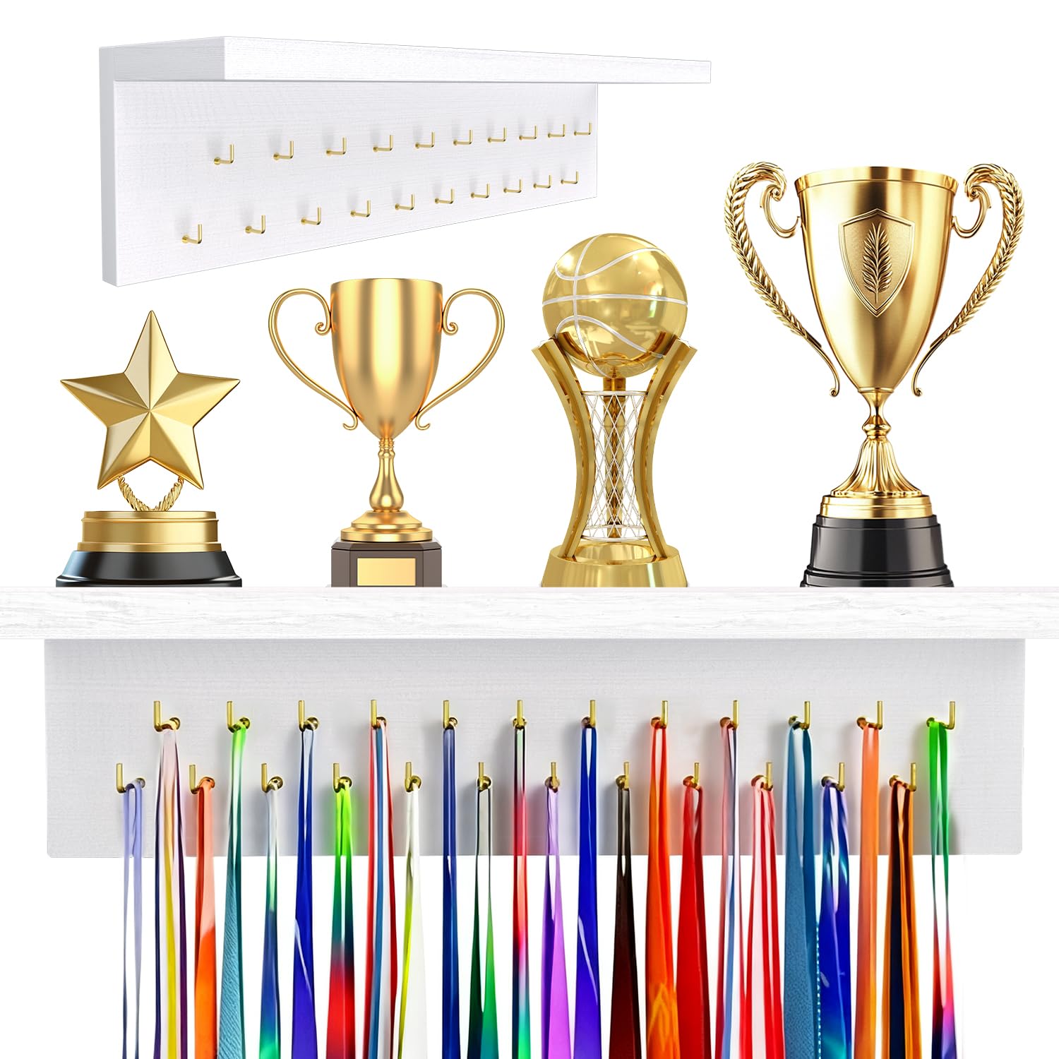 MarginZen Wooden Medal Hanger Display with Trophy Shelf - 19 Hooks Medal Holder Display for Wall, Sturdy Medal Display Shelf for Gymnastics, Soccer,