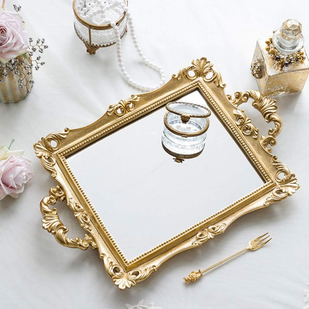 Vintage Golden Mirrored Vanity Tray with Carved Design Resin and Glass Makeup Organizer with Handles Ideal for Dresser, Bathroom or Jewelry Display Table Decoration and Storage, 14.76x9.44x1.96 Inch