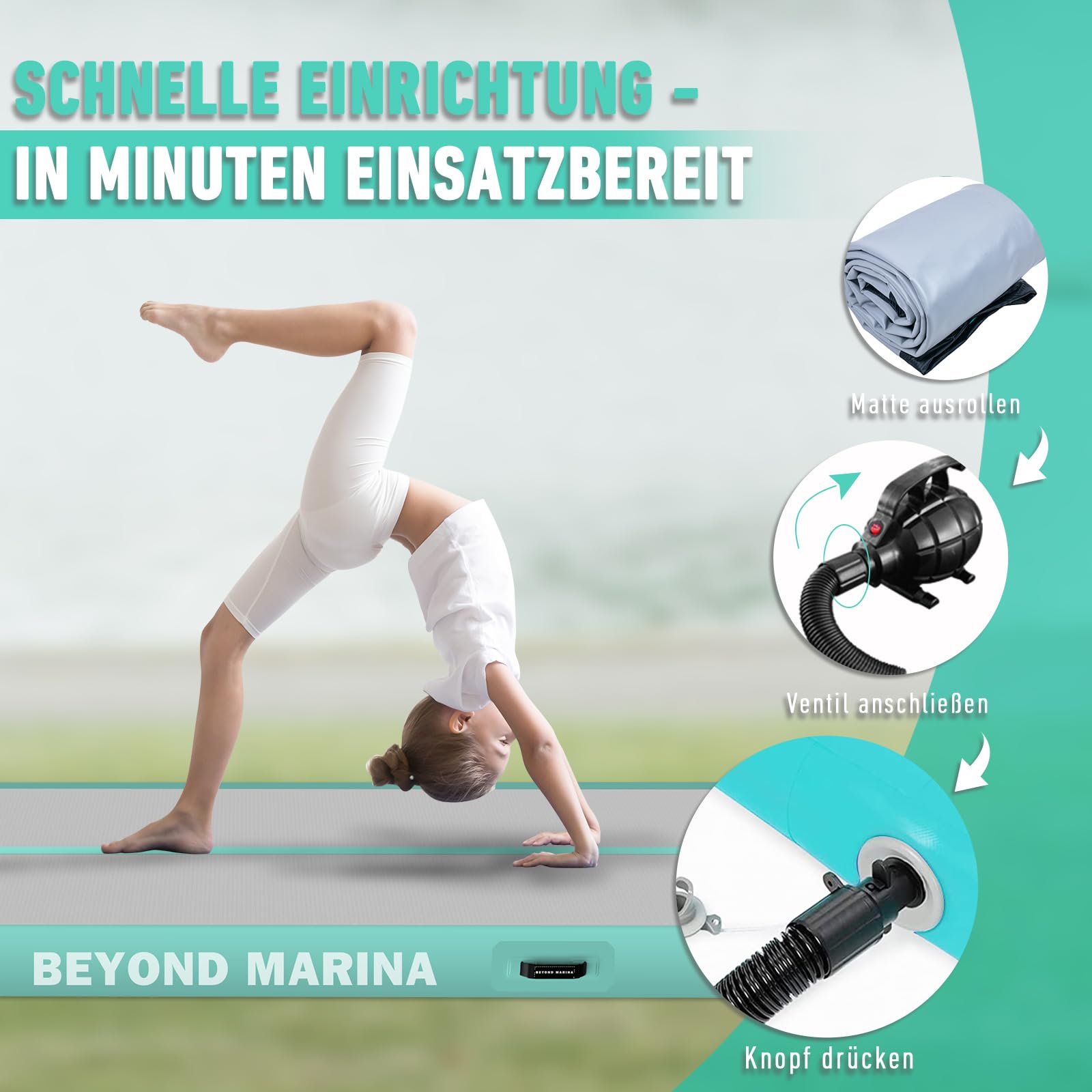 BEYOND MARINA Turnmatte Aufblasbar, Air Matte Track, Air Tracking Matte, 3m 4m 5m 6m Gymnastikmatte Tumbling Matten 10/20cm hoch mit pumpe für Zuhause, Trainingsmatte, Fitnessmatte, Yogamatte