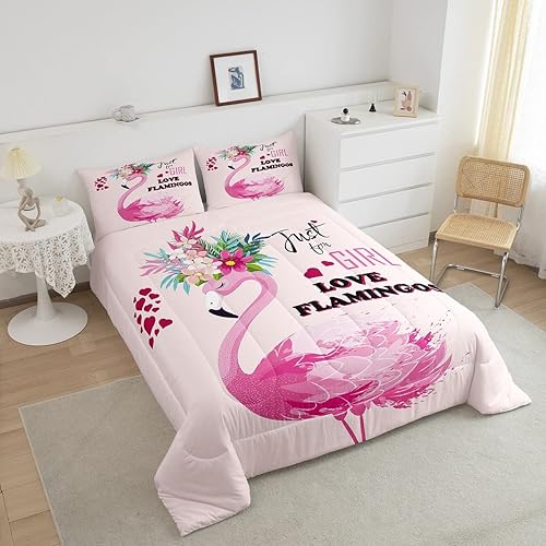 Miniatura 3 de Juego de edredón de flamenco rosa para niñas, ropa de cama de flamenco tropical, juegos de ropa de cama de animales florales hawaianos, edredón de
