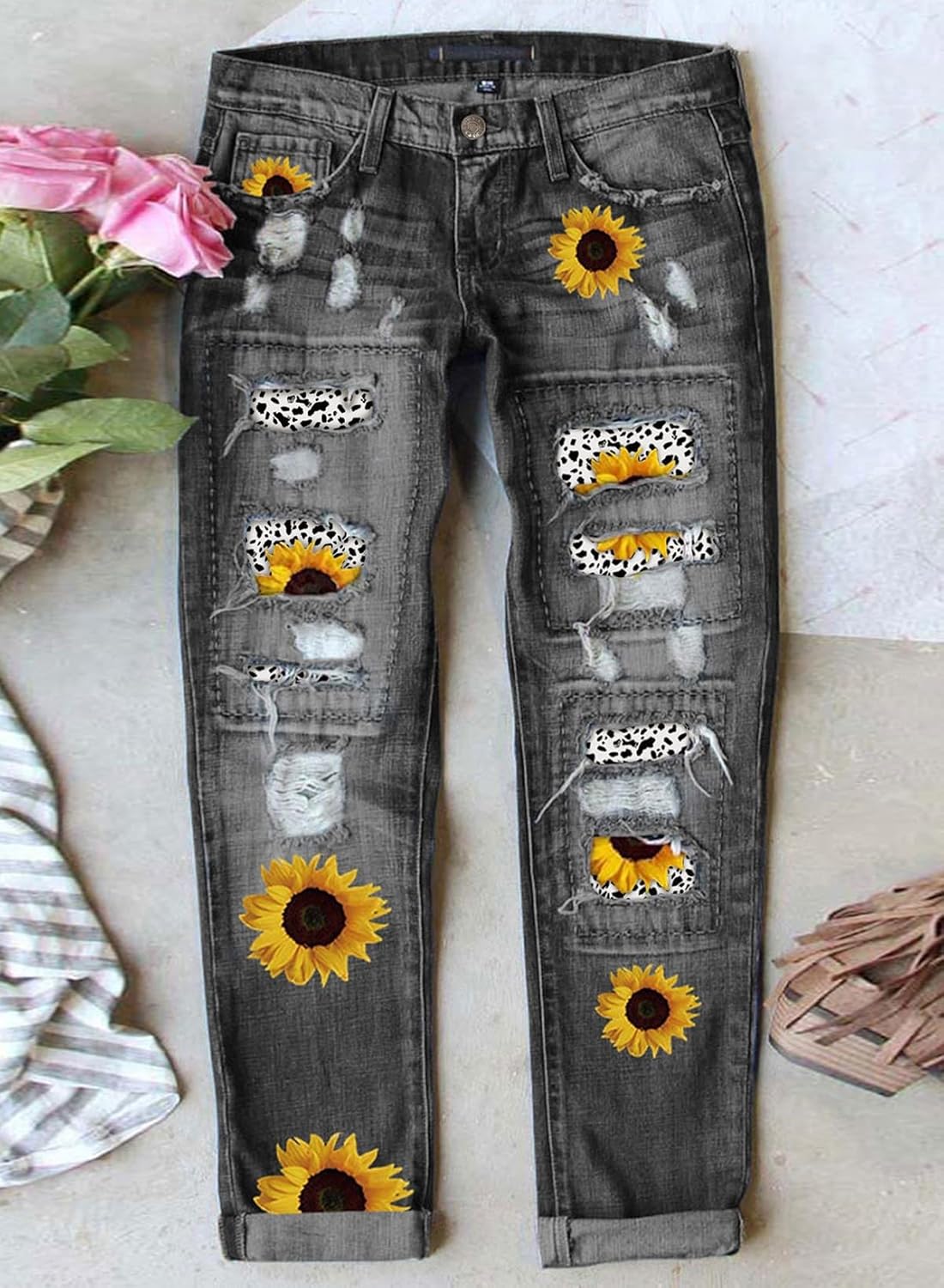 Astylish Womens Plaid Patch Ripped Boyfriend Distressed Stretch Skinny Denim Jeans - Image 2