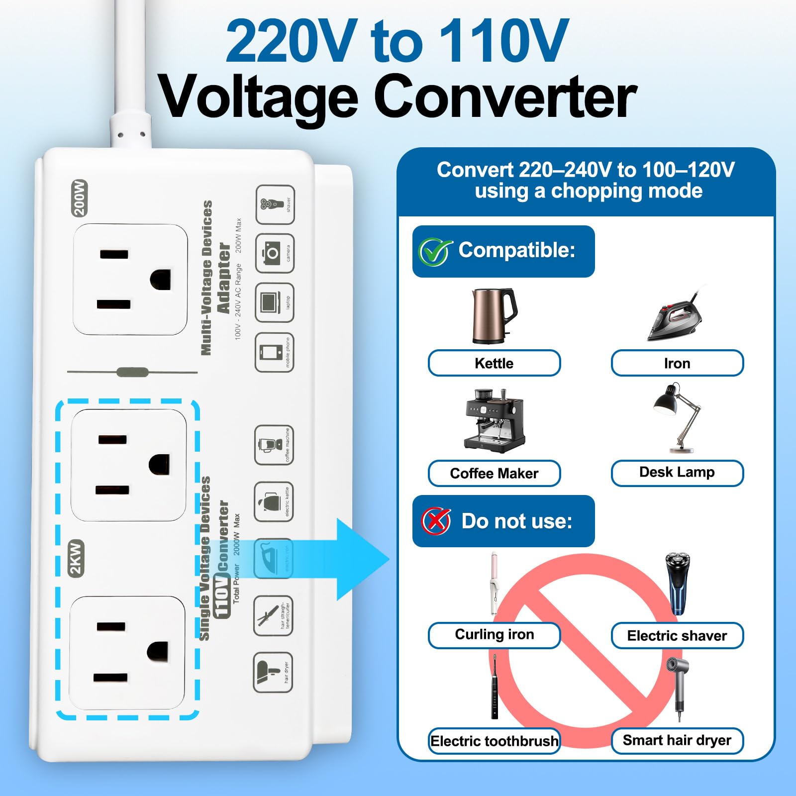Transductor de voltaje de viaje de 220 V a 110 V: convertidor de voltaje universal internacional americano a Europa, transformador enchufable - convertidores de secador de pelo eléctrico 2000