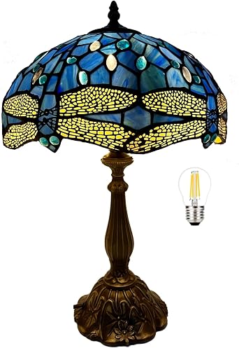 12 Inches Tiffany Lamp Blue Stained Glass Dragonfly Style Bedside Table Lamp Desk Reading Light Decor Nightstand Bedroom Living Room Home Office