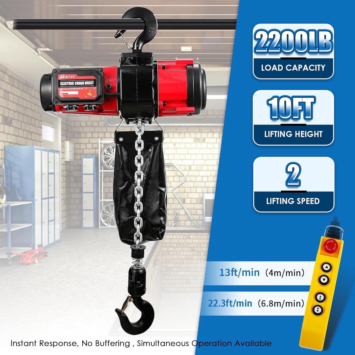 NEWTRY Palan électrique à chaîne 2500 W, 1000 kg, 2 vitesses, 4 m/min et 6,8 m/min, moteur sans balai, contrôle sans fil et filaire, hauteur de levage G80 3 m