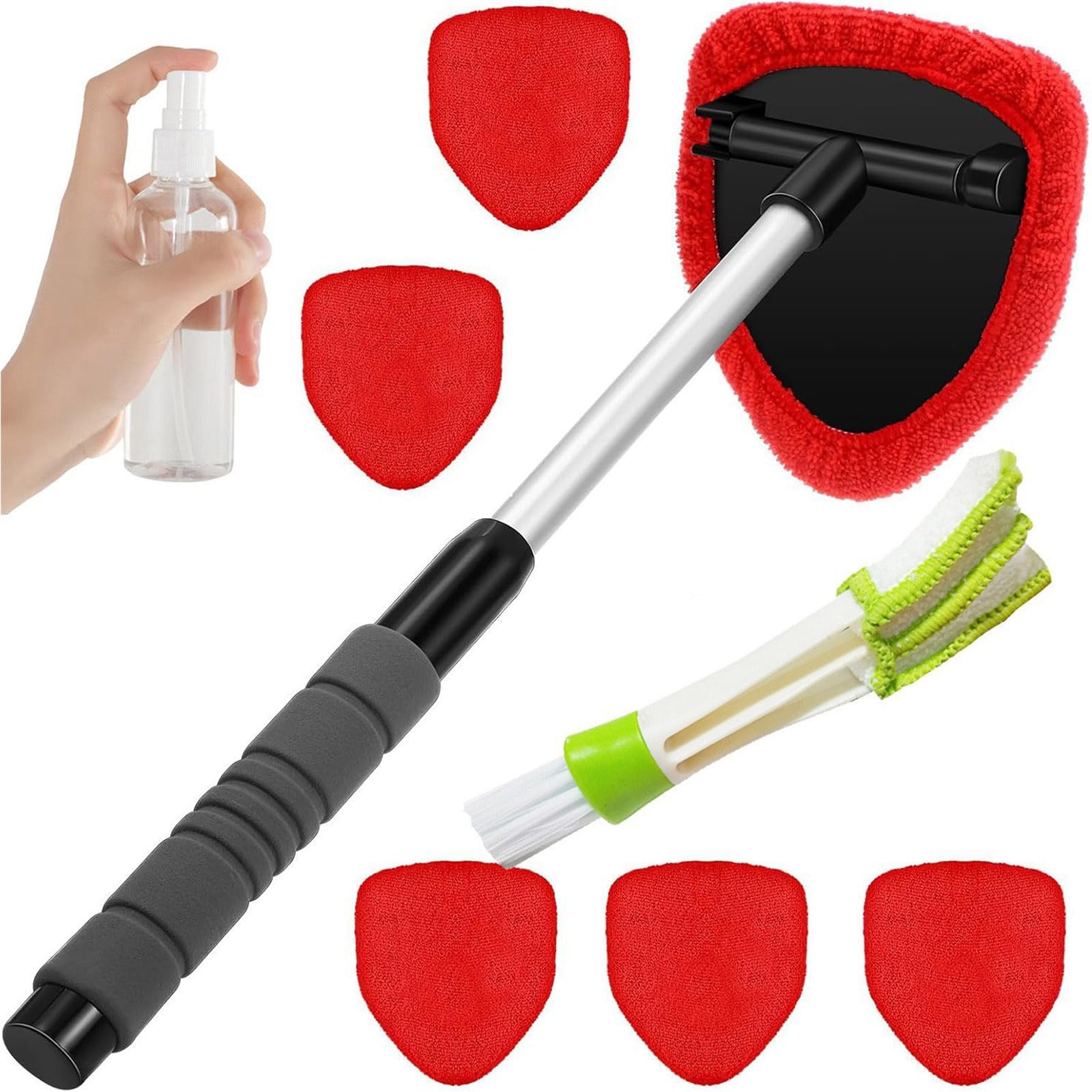 Tsophreniq Red Windshield Scrubber With Extendable Handle & 6 Washable Microfiber Pads For All Vehicles Microfiber Car Window Scrubber
