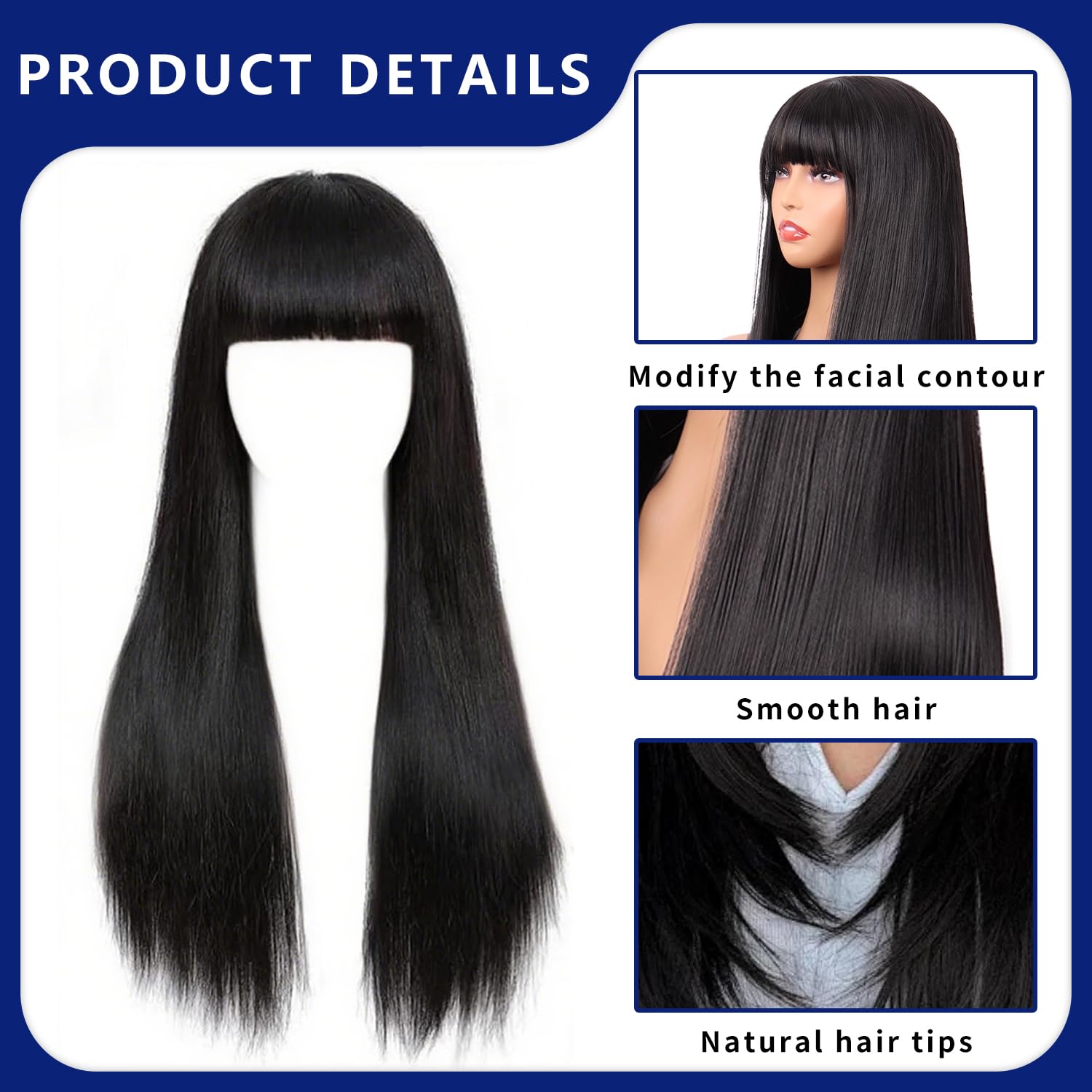 Black Wig, Long Straight Synthetic Wig for Women & Girls, Natural Looking Heat-Resistant with Bangs - Image 3