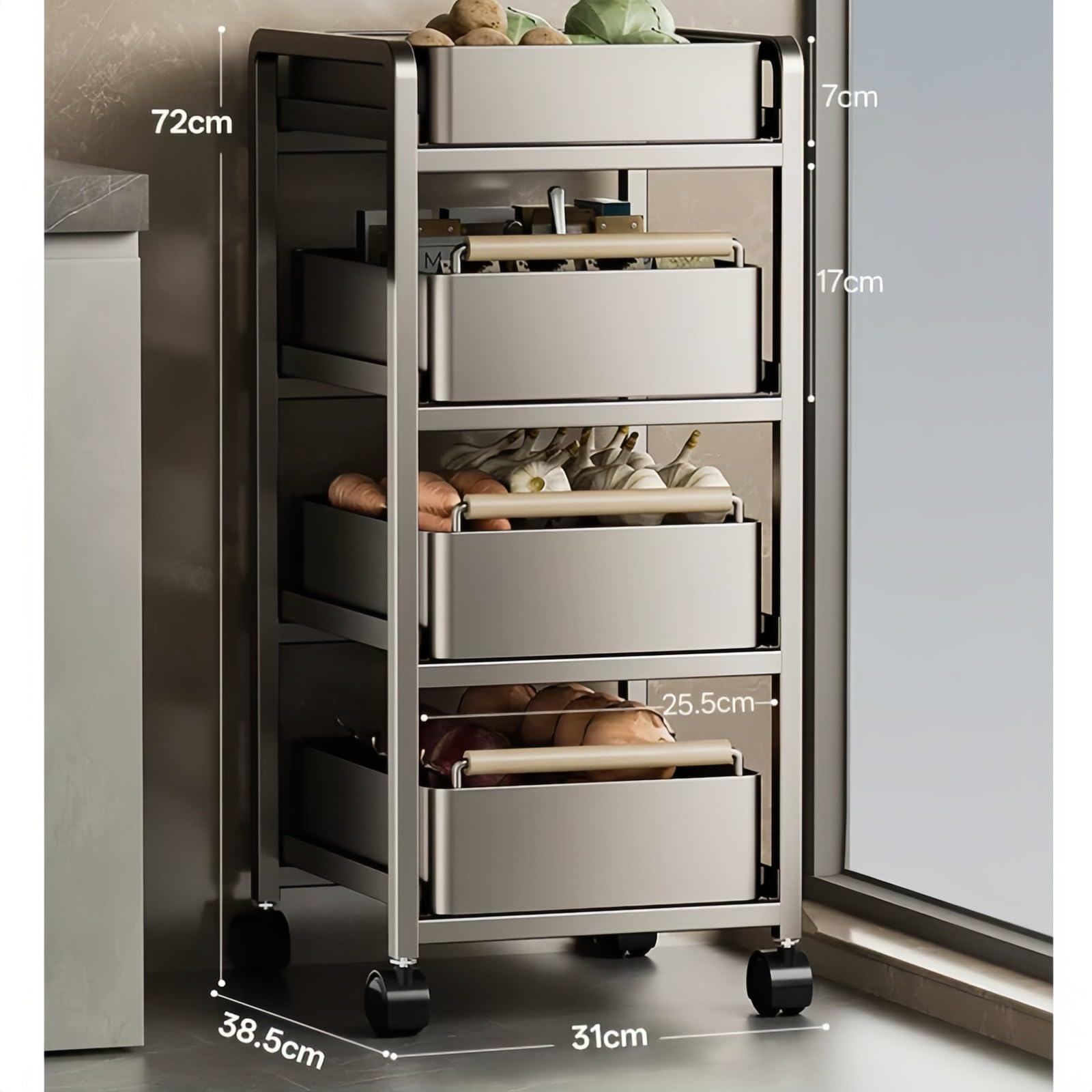 Almacenamiento Carro de Almacenamiento Cocina Varios Niveles, Estante Organizador Cesta Verduras rodante móvil(Negro,Grande)