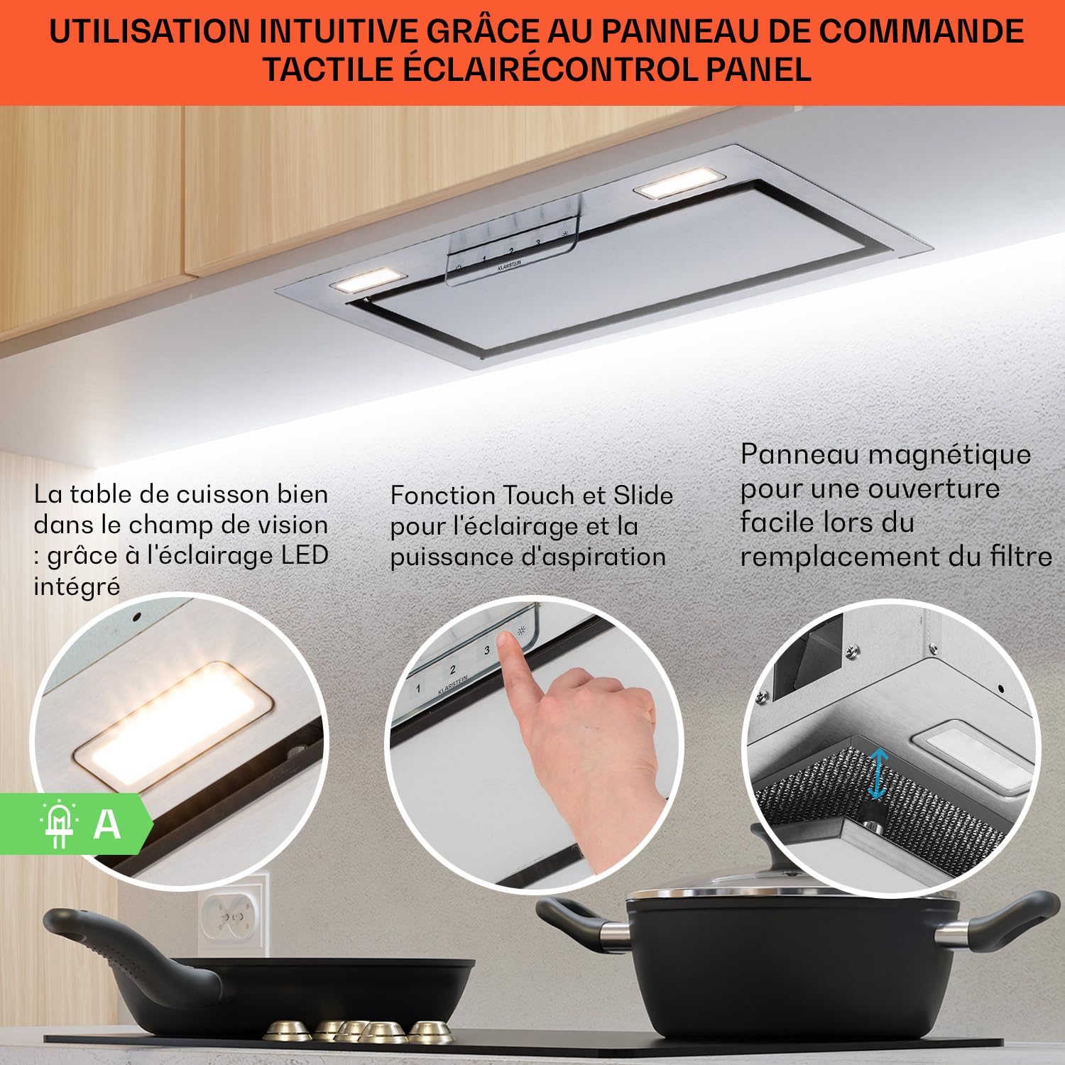 Klarstein Hotte Aspirante 90 cm, Hotte Aspirante Encastrable Silencieuse, de Cuisine 90cm avec Lampes LED, Débit d'Air Puissant 369m³/h, avec Évacuation, Commandes Tactiles
