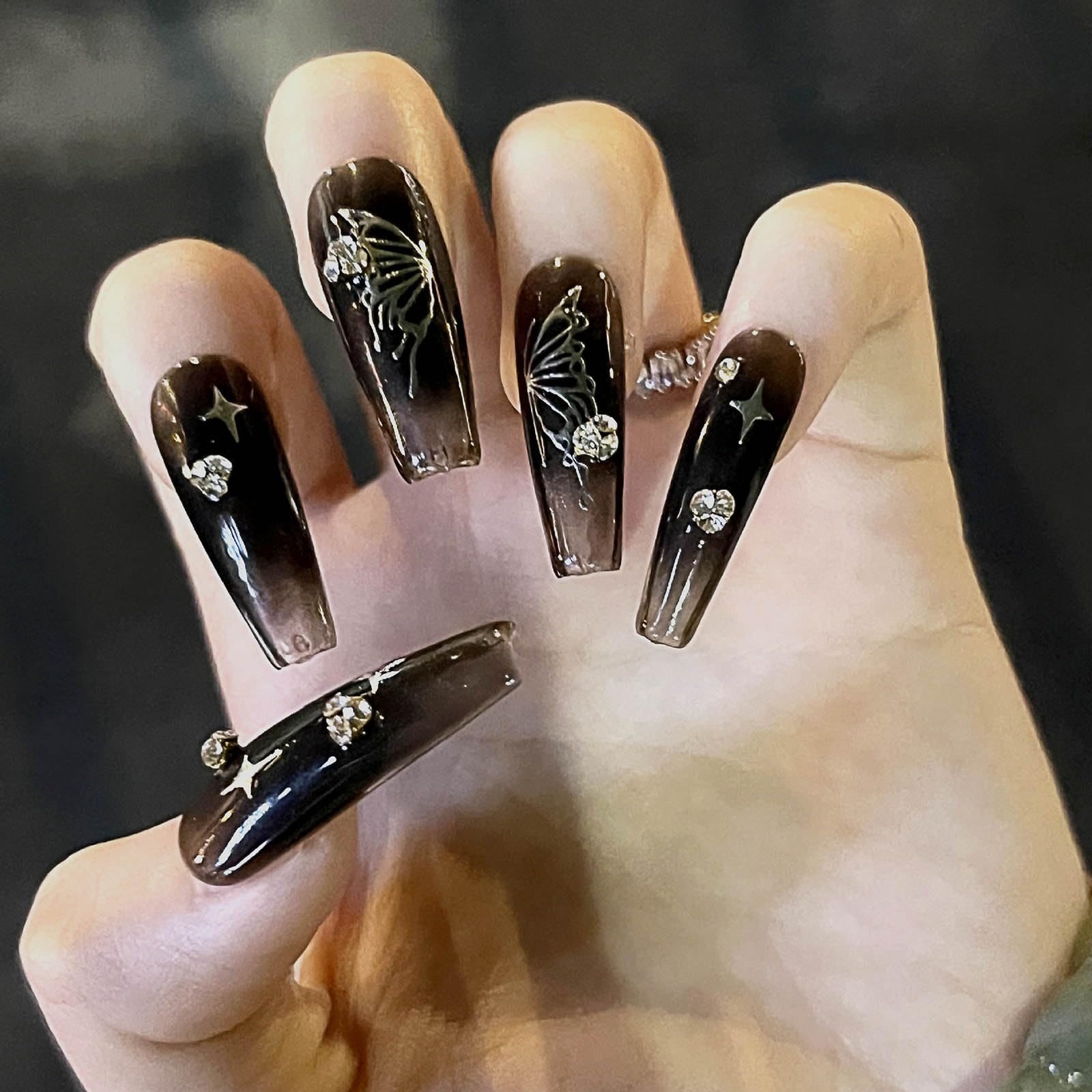 Rilafuyu Coffin Press on Nails Medium Fake Nails 3D RhinestonesNails Press ons Black Acrylic Nails with Butterfly Designs Glue orNail Glossy