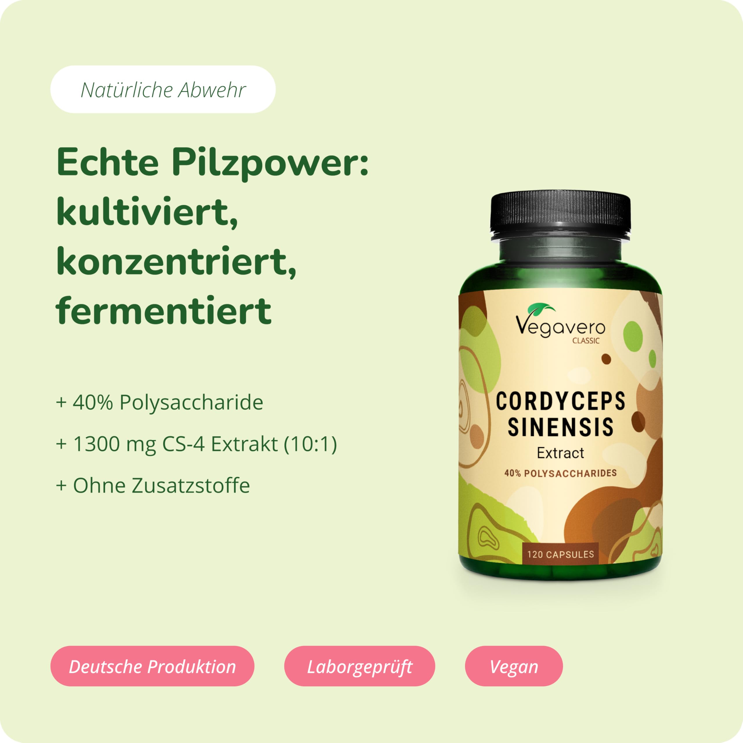 Cordyceps Sinensis Vegavero | 650 mg CS-4 Extrakt (10:1) | Vergleichssieger 2024* | 40% Polysaccharide | Vegan aus Fermentation | Entspricht 6500 mg pro Kapsel | Ohne Zusätze | 120 Stück