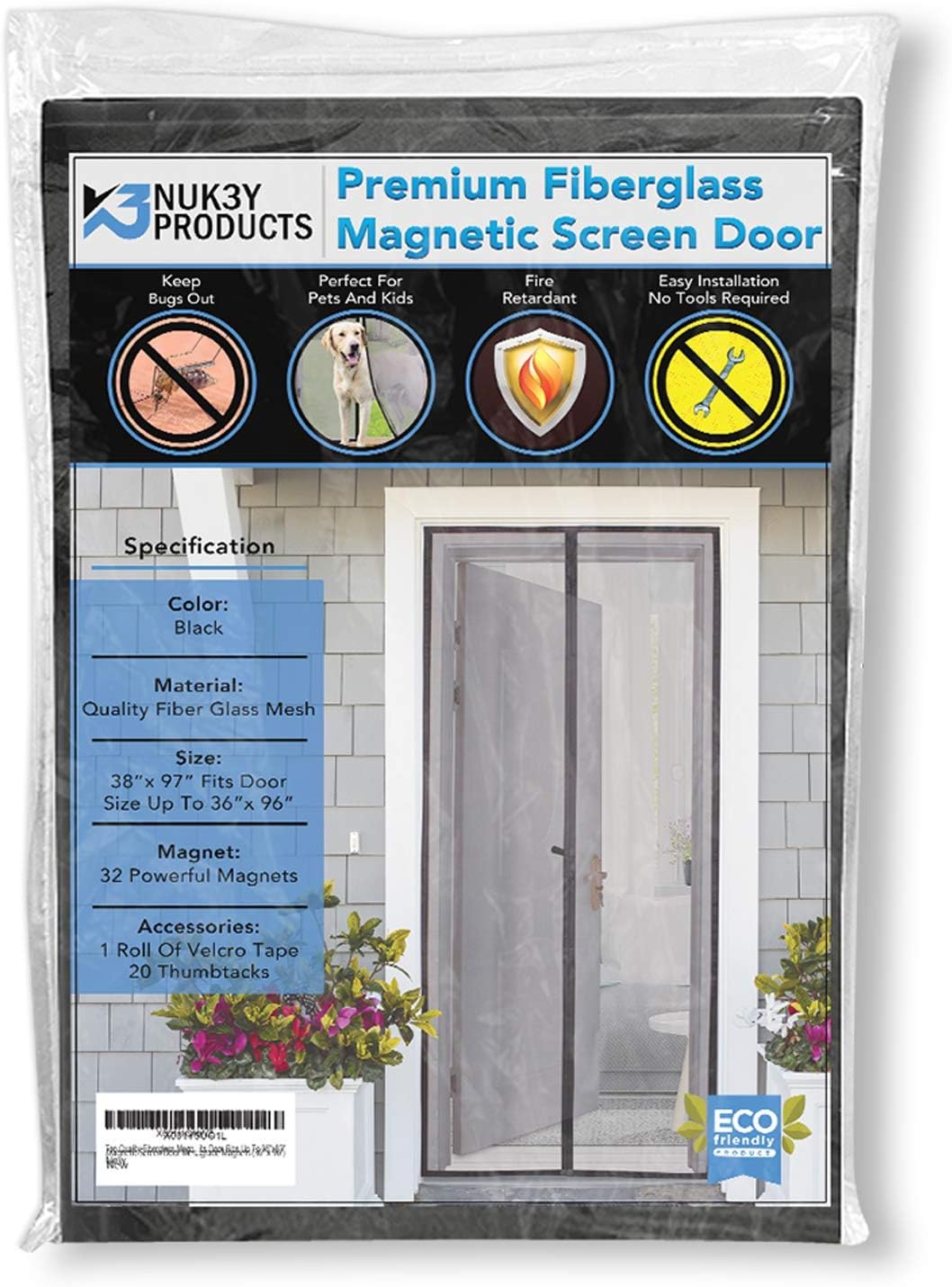 Magnetic Screen Door Mesh Curtain Fiberglass Full Frame Velcro with Upgrade Magnets (36 X 96)