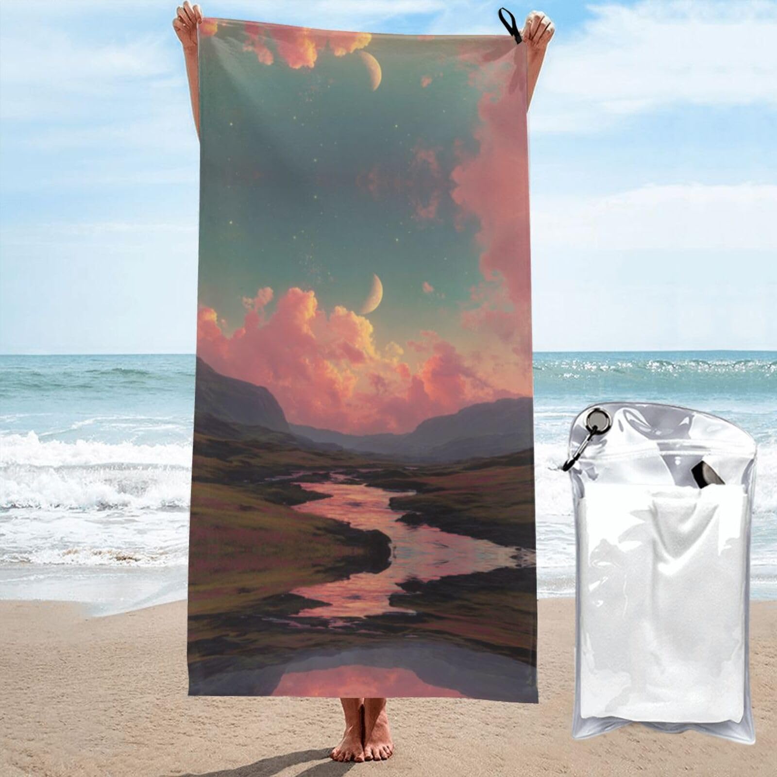 ESNAIUVCD River And The Great Sky Print Beach Towel, Microfibre Sauna Towel, Quick-Drying Fitness Towel, Lightweight And Thin Portable Sauna Towel