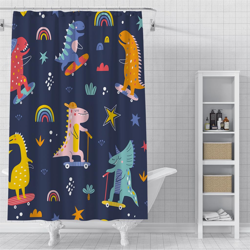 Cortina de Ducha 200 x 200 cm Infantil Azul Marino, con Bonito Estampado de Dinosaurios para Bañeras y Baños, con Temática de Animales, de Secado Rápido, Impermeable, 200 x 200 cm (1 Paneles).