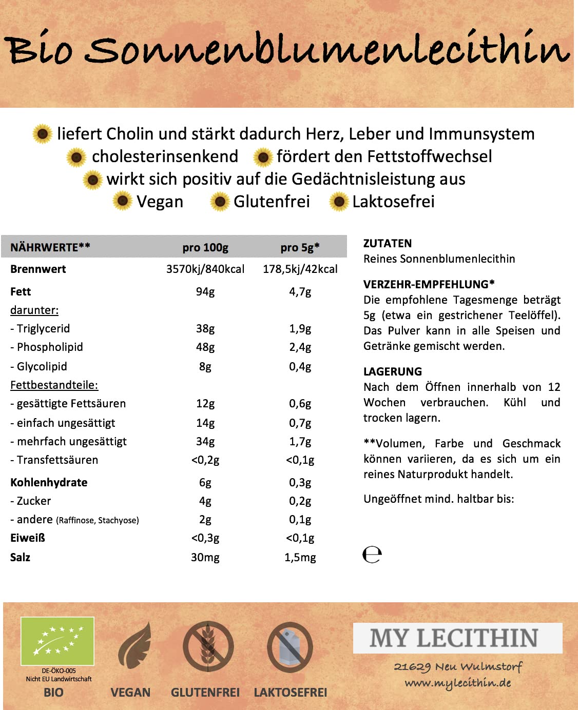 250 g de polvo de lecitina de girasol orgánico, sin alérgenos ni OGM