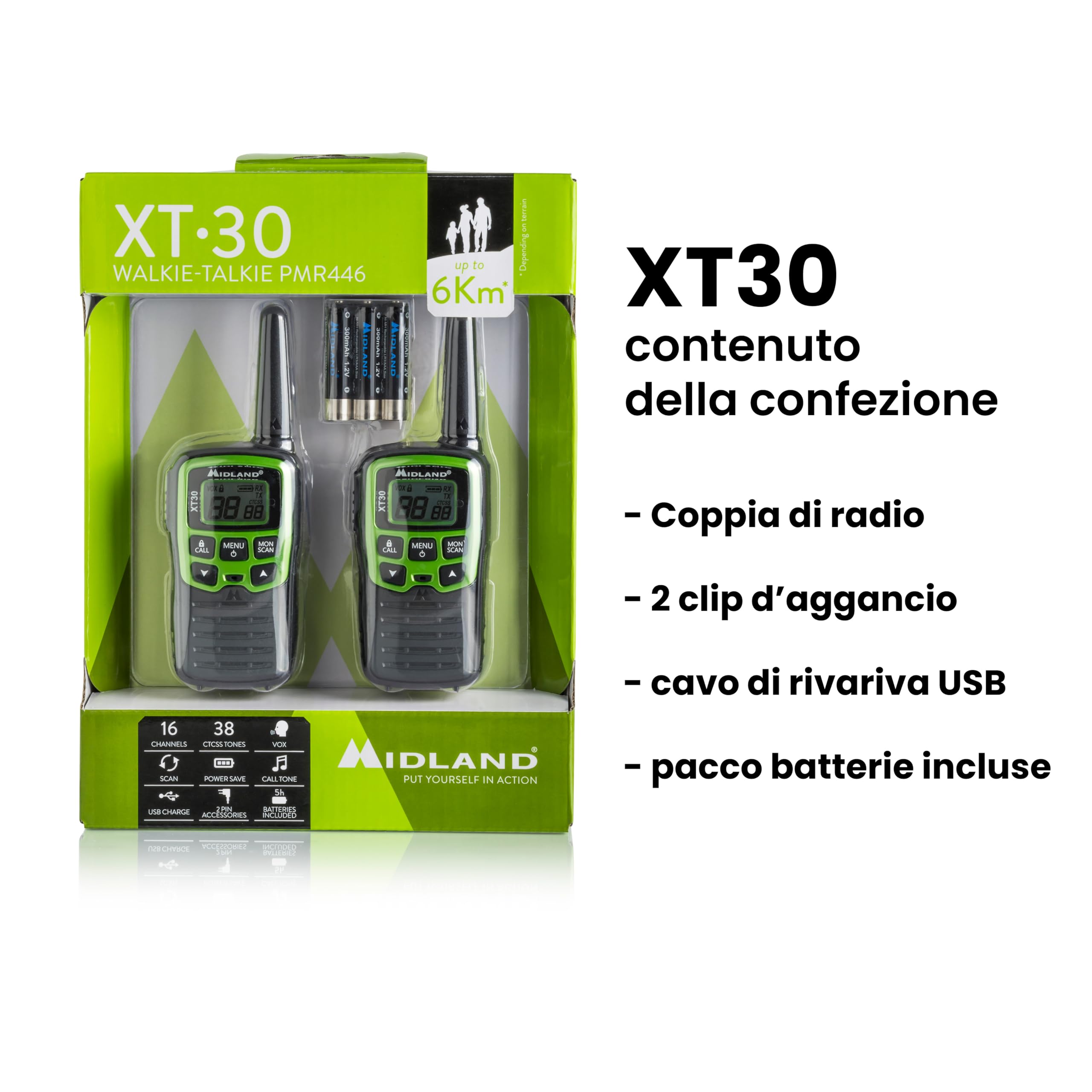 Midland XT30 Walkie Talkie Ricaricabili USB 16 Canali PMR446 5H 6km 38 Toni CTCSS VOX