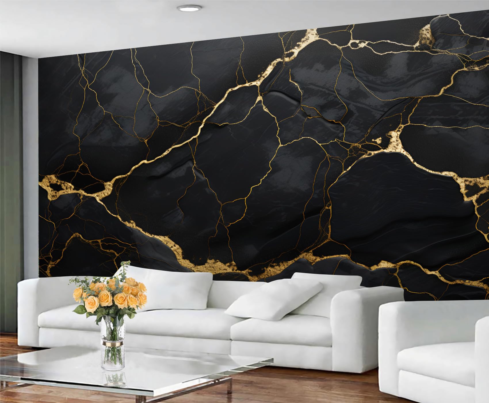 YXQAIED Marble Wallpaper, Business Black Wallpaper for Living Room, Black Gold Marble Bedroom Wall Paper, Not Self Adhesive Abstract Gold Cracks 3D Large Mural & Home Decor Poster, 300x210cm