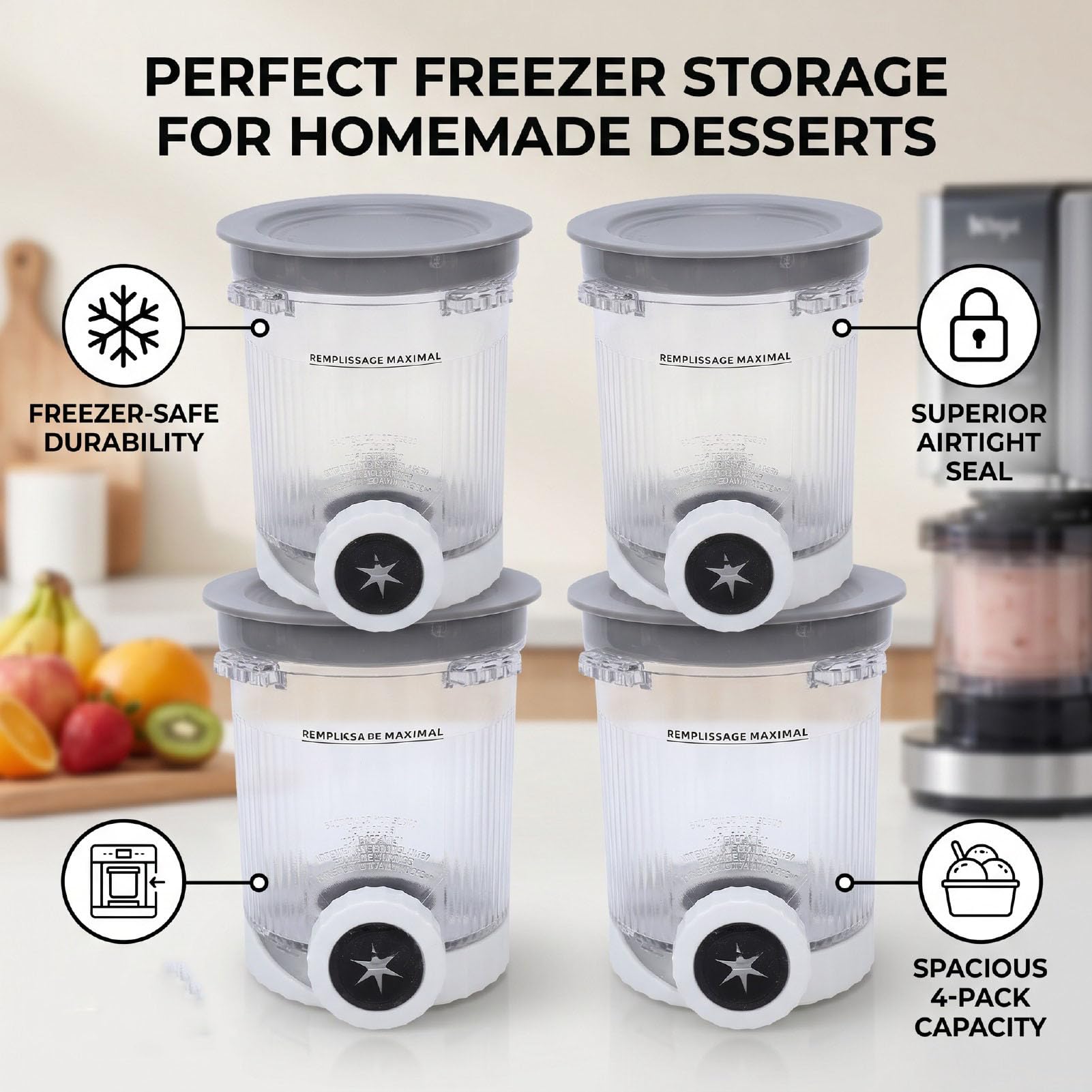 Contenitori per Gelato, 4 Pezzi Gelatiere Pinte e Coperchi Congelatore Ermetico Tazze Extra Sicure Sostituzione per NC700 NC701