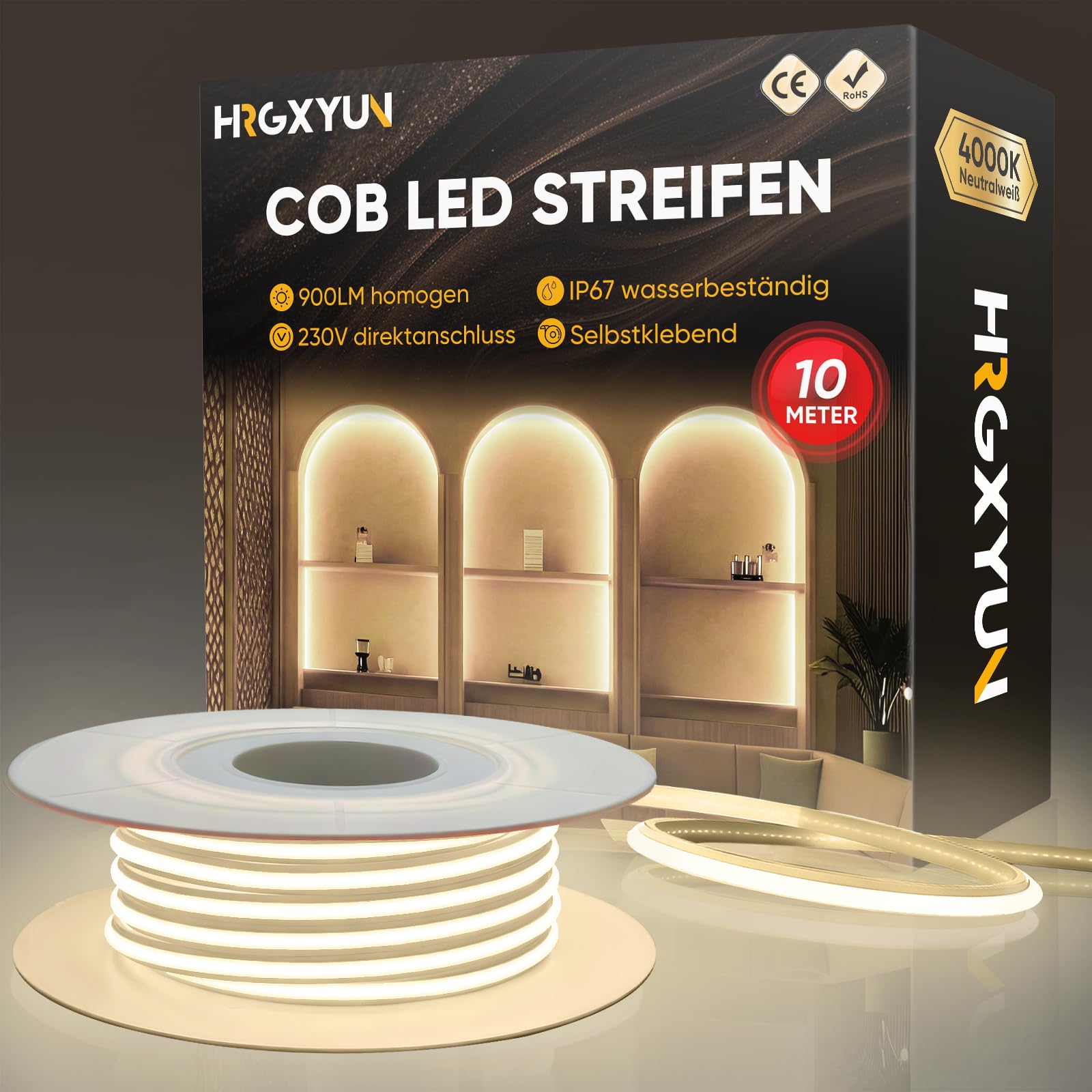 HRGXYUN 230V COB LED Streifen Aussen, 240 LEDs IP67 Wasserdicht Selbstklebend, Bande LED 900LM Ohne Trafo Flexible Kürzbar für Zimmer und Außen Dekoration Beleuchtung, 4000K Neutralweiß, 10m