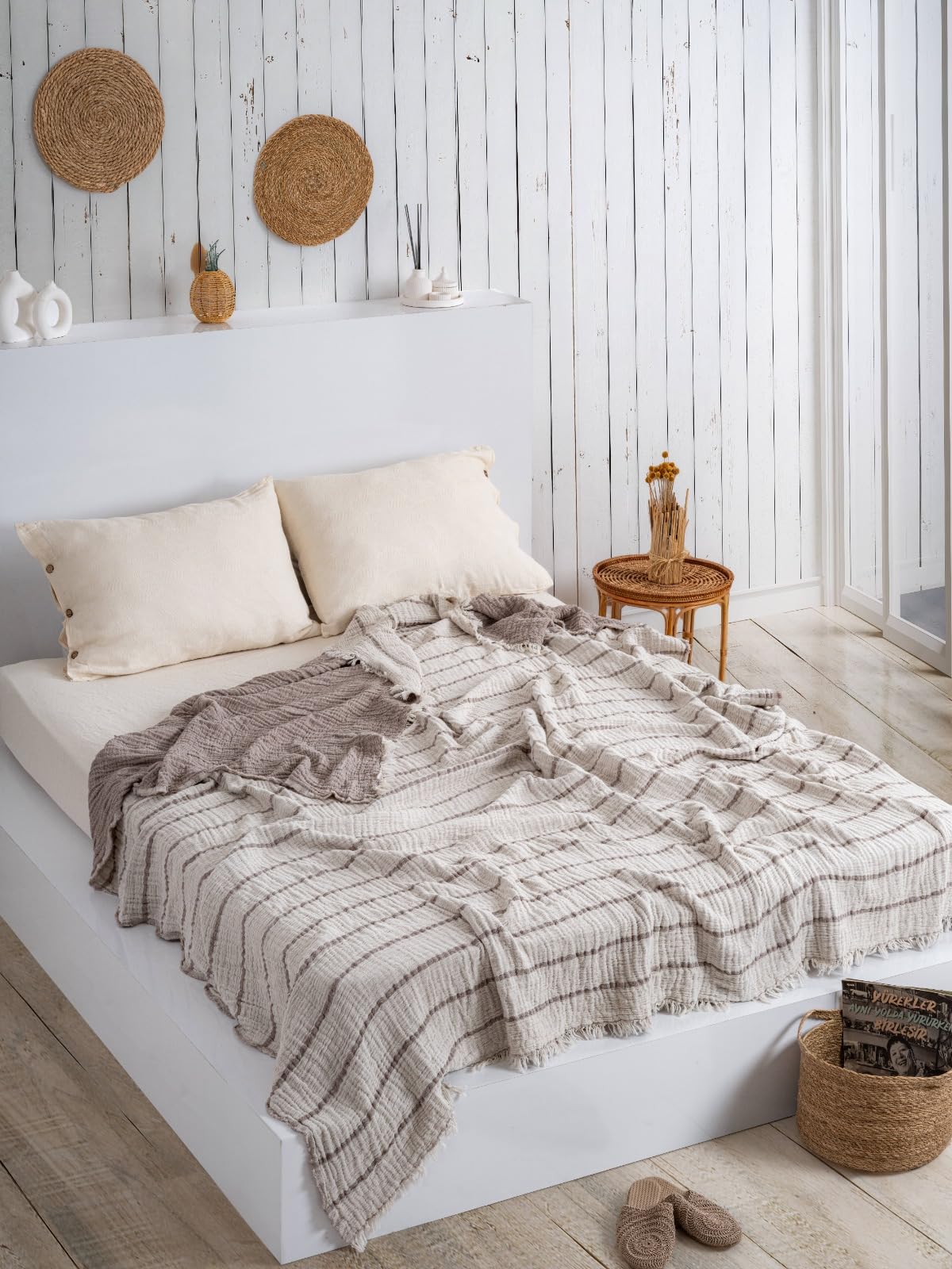 Sahra Home - 100 % Baumwolle Musselin Decke – 4-lagig, Doppelseitig verwenbar, Bio-Färbung, King Size 220x240 cm – Handgefertigt – Tagesdecke & Sofaüberwurf – Ideal für den Sommer – Türkische Qualität