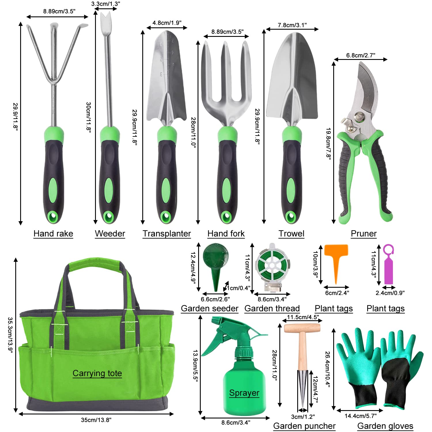 Gardening Tools zestaw 32 narzędzi ogrodowych ze stali nierdzewnej, z ergonomicznymi gumowymi uchwytami i torbą do przechowywania, zestaw upominkowy do pielęgnacji ogrodu, prac ogrodowych