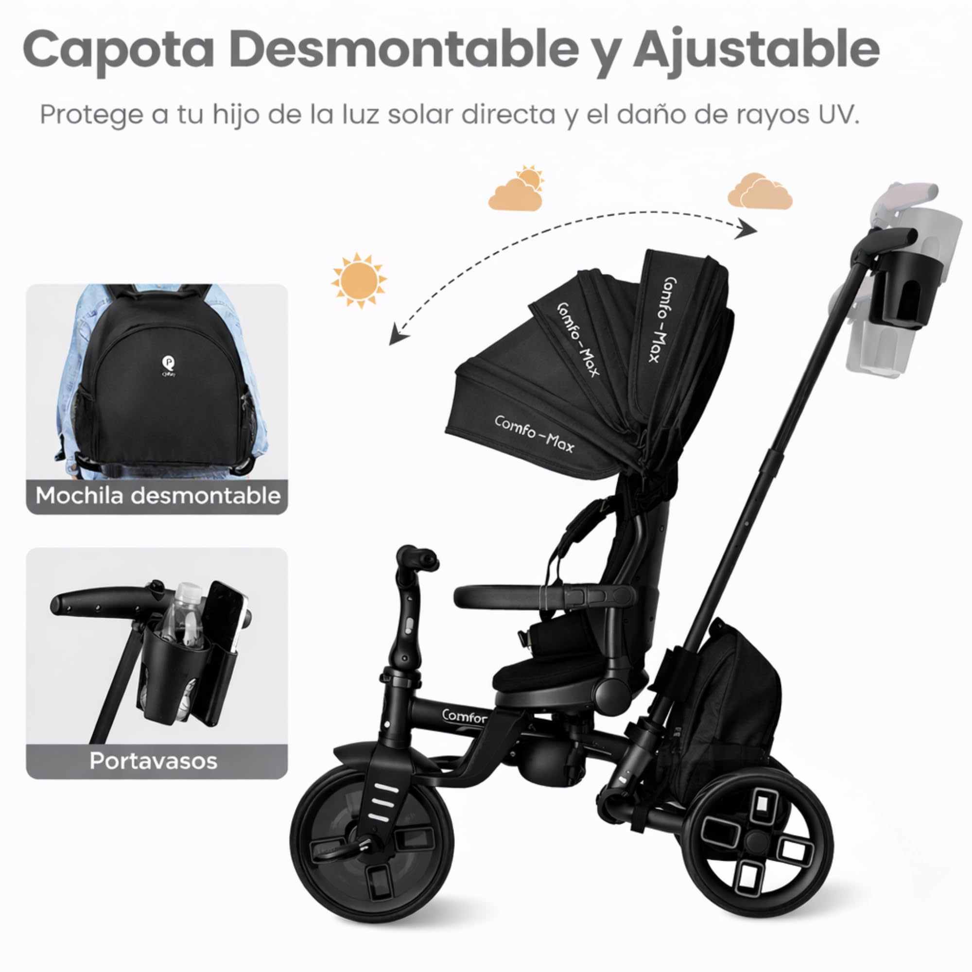 Qplay Triciclo Evolutivo COMFO MAX 6 en 1 Negro | Triciclo Bebe 1 Año Plegable de Aluminio con Asiento 360º, Reclinable y Capota – para Bebés de 10 a 72 Meses (Negro)