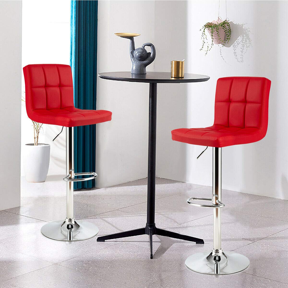 COSTWAY Bar Stools Set of 2, Modern Swivel Adjustable Height PU Leather Barstools with Back, Square Armless Counter Height 2-Pack Bar Chair for Kitchen Island Dining Living Bistro Pub Counter, Red with black base