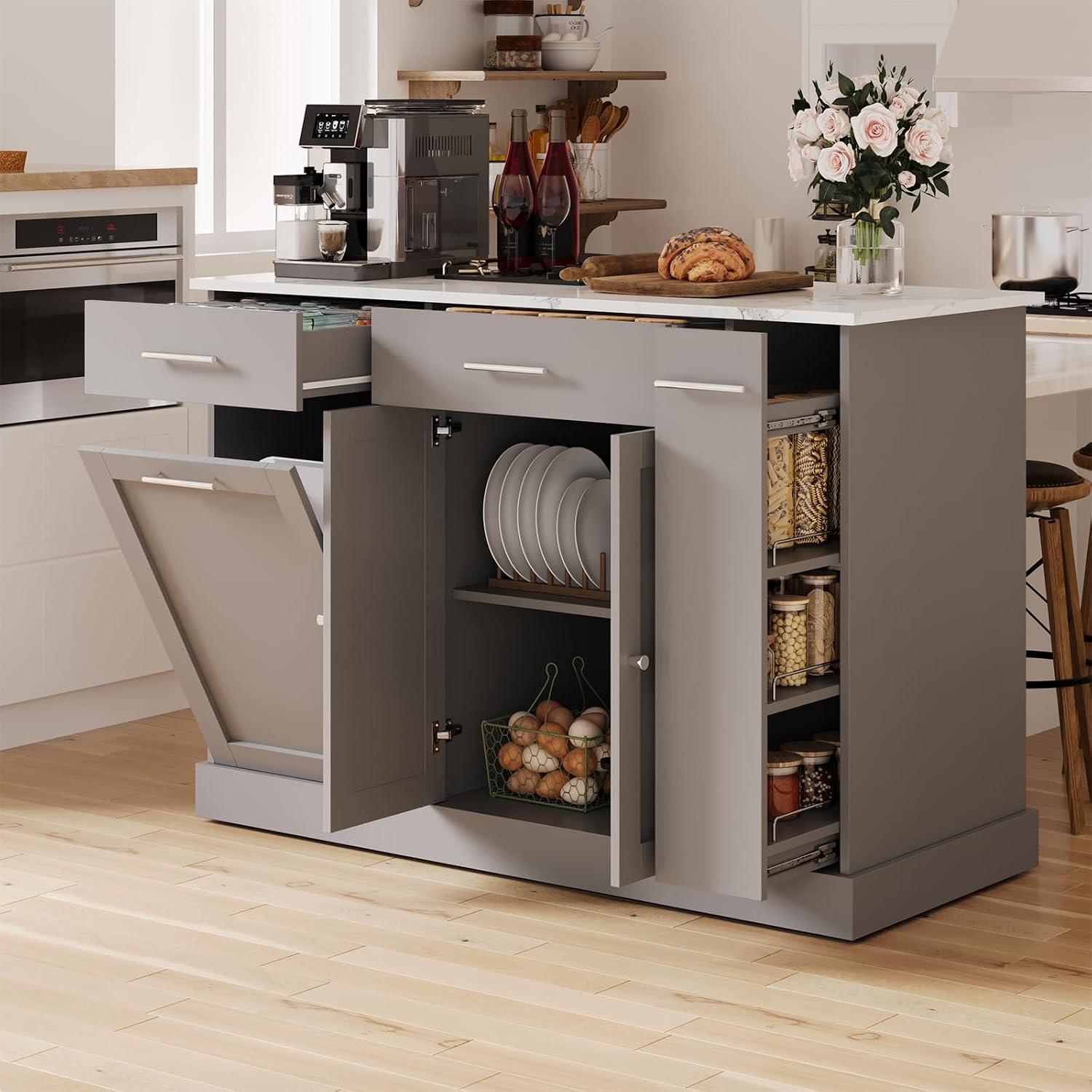 4 EVER WINNER Kitchen Island with Storage, Kitchen Island Cart on Wheels with Trash Can, Spice Rack & Towel Rack, Kitchen Island Table with Marble Finish Countertop, Grey