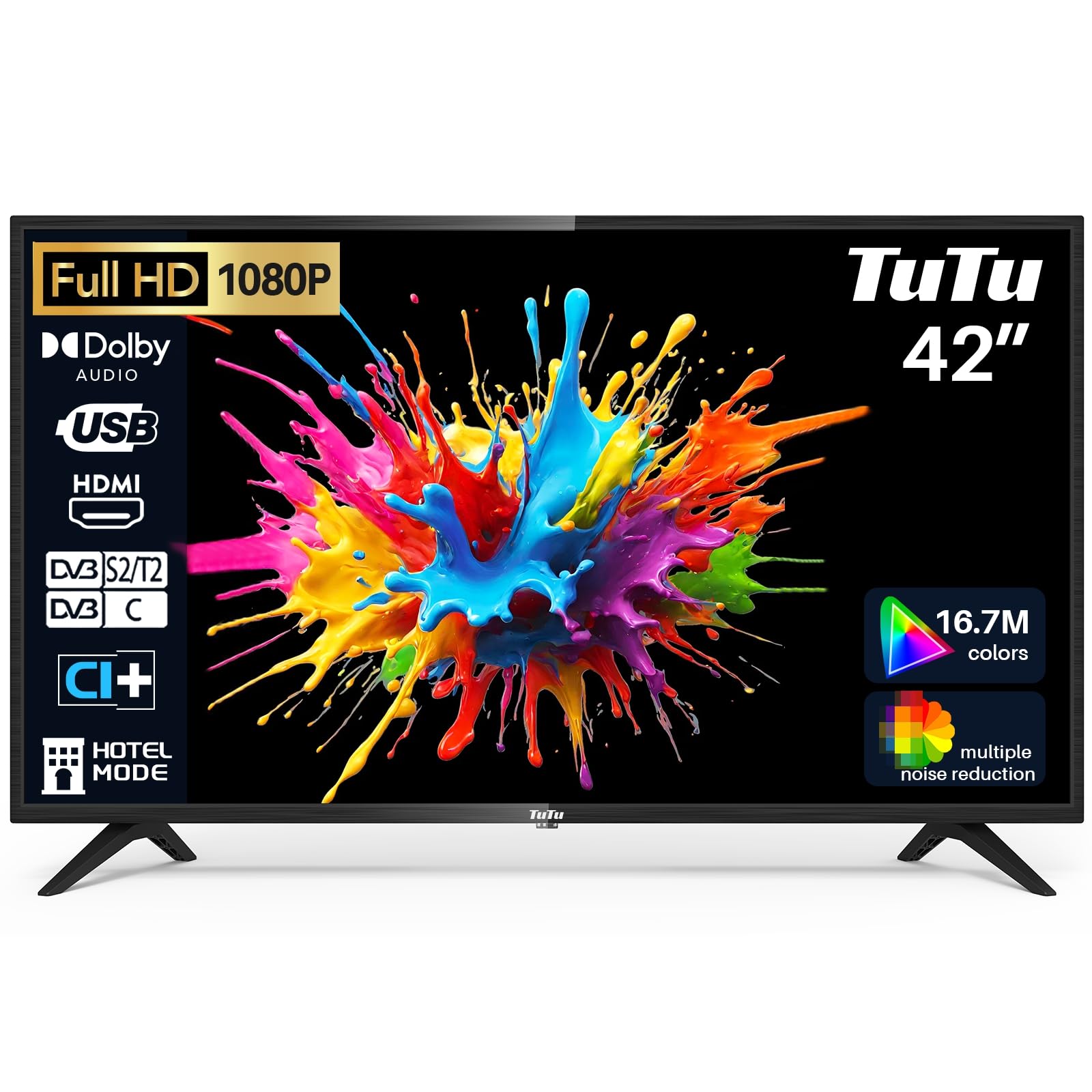 TuTu TV 42 Pouces (107 cm) LED Full HD Télévision avec Triple Tuner (DVB-C / T2 / S2), HDMI, CI+, Lecteur multimédia USB, Mode hôtel, Dolby Audio - TUB42FD1N