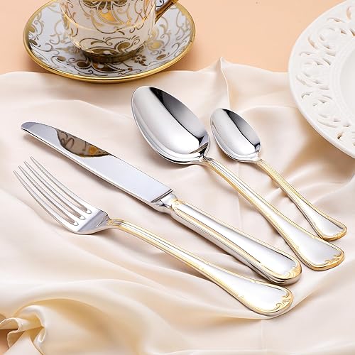 Miniatura 1 de Juego de cubiertos dorados de acero inoxidable pulido con espejo, cuchara y tenedor, apto para lavavajillas, regalo de boda, servicio de