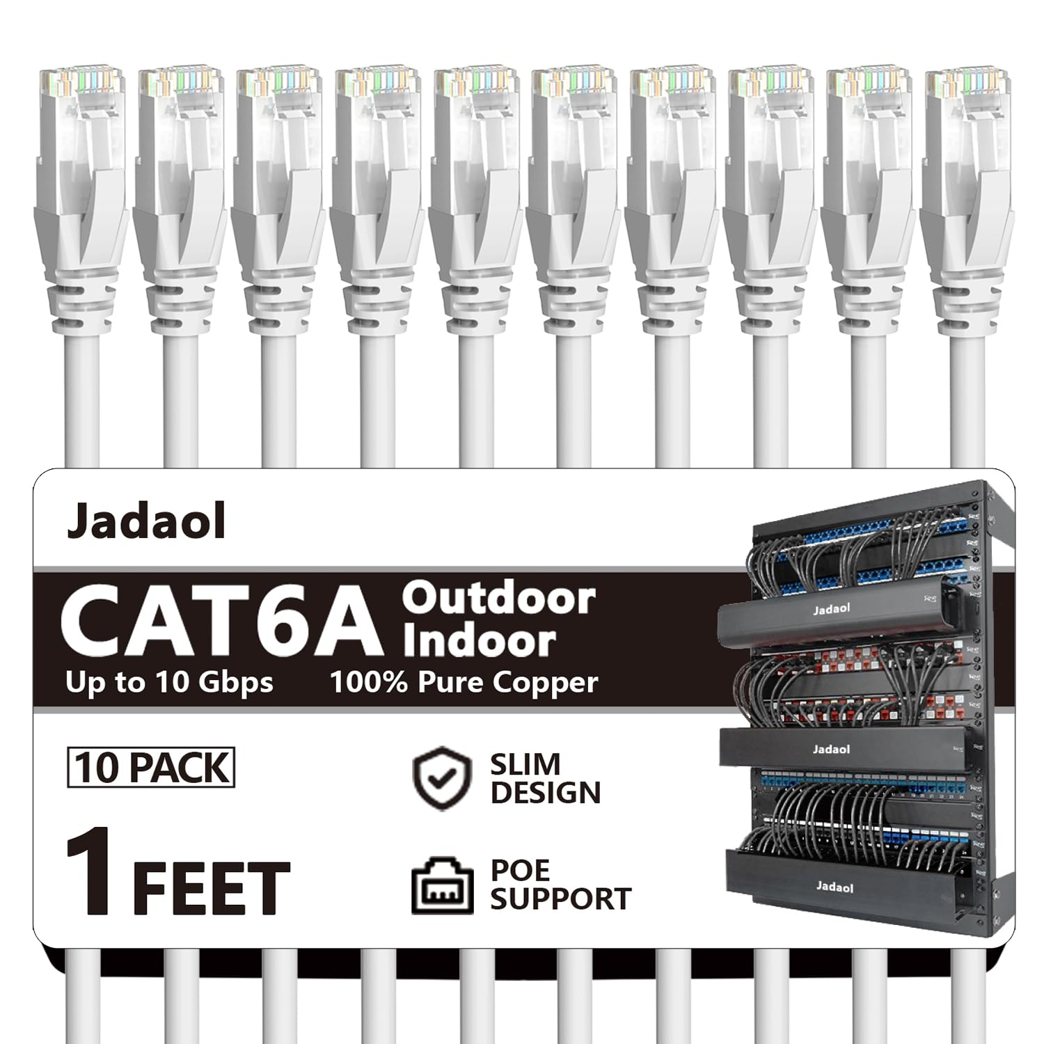 Jadaol Cavo Ethernet Cat6a da 0,3 m, confezione da 10 cavi patch slim 10G 550 MHz 28AWG, cavo di rete in rame puro antigroviglio, cavo LAN flessibile per router, modem, switch, pannello patch, data