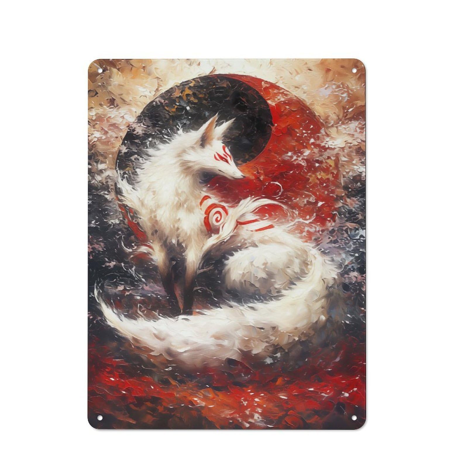 Junmoney Style-16 Vintage Tin Sign 40X30cm With White Kitsune Fox Yin Yang For Living Room Wall, For Kitchen, Dining Room And Home Bar Wall Decor
