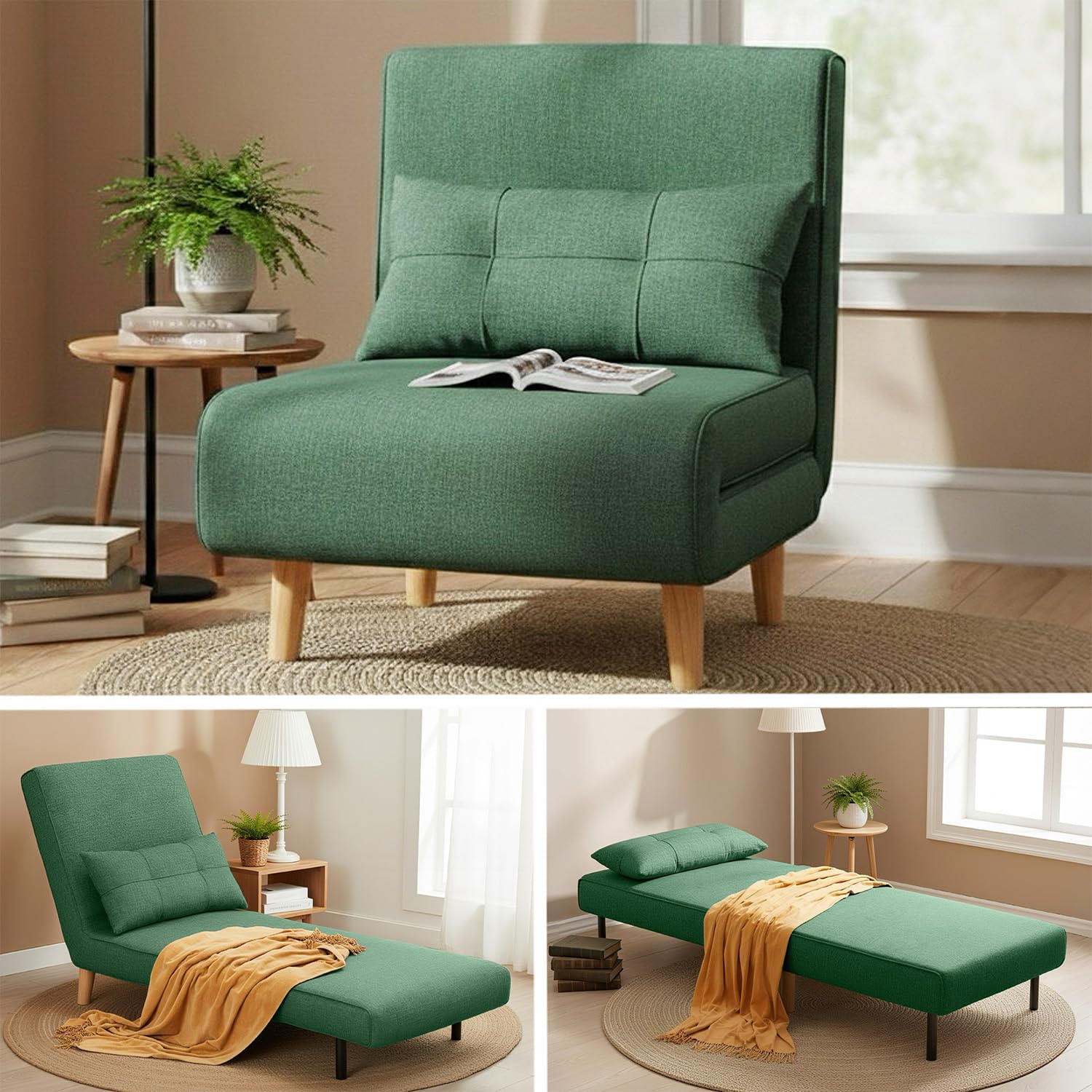 Ahomly 3 in 1 Convertible Sleeper Chair, Sofa Chair for Adults with 6 Angle Adjustable Backrest, Single Sleeper for Living Room/Apartment/Office,