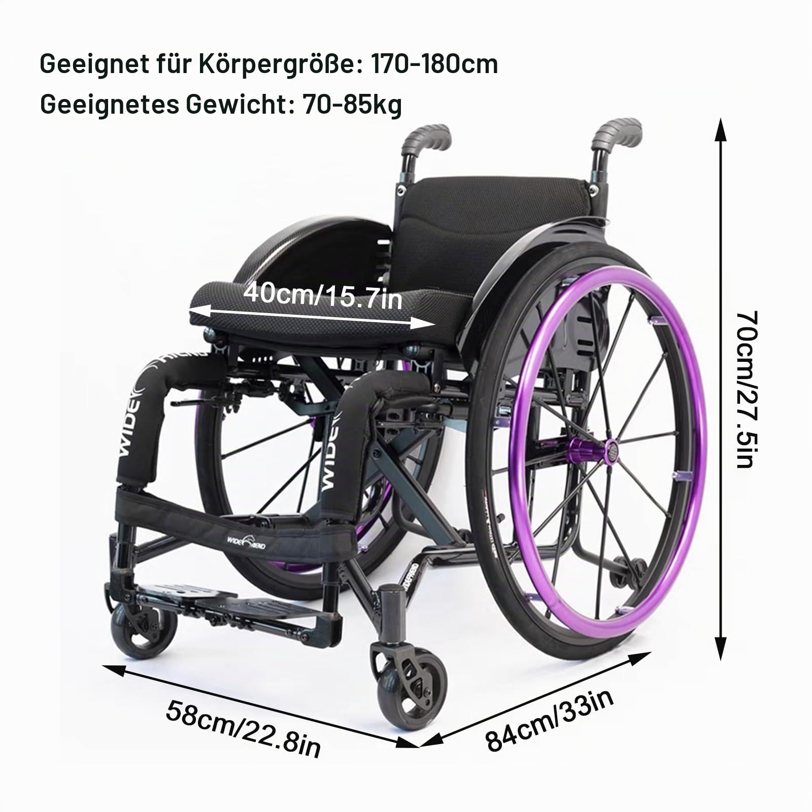 Sportrollstühle,Superleichter Rollstuhl mit Aluminiumrahmen, 12kg,Stoßdämpfender Faltbarer Rollstühle,Rollstühle mit Selbstantrieb,Belastbarkeit 100 Kg(Seat Width 40cm,Purple)