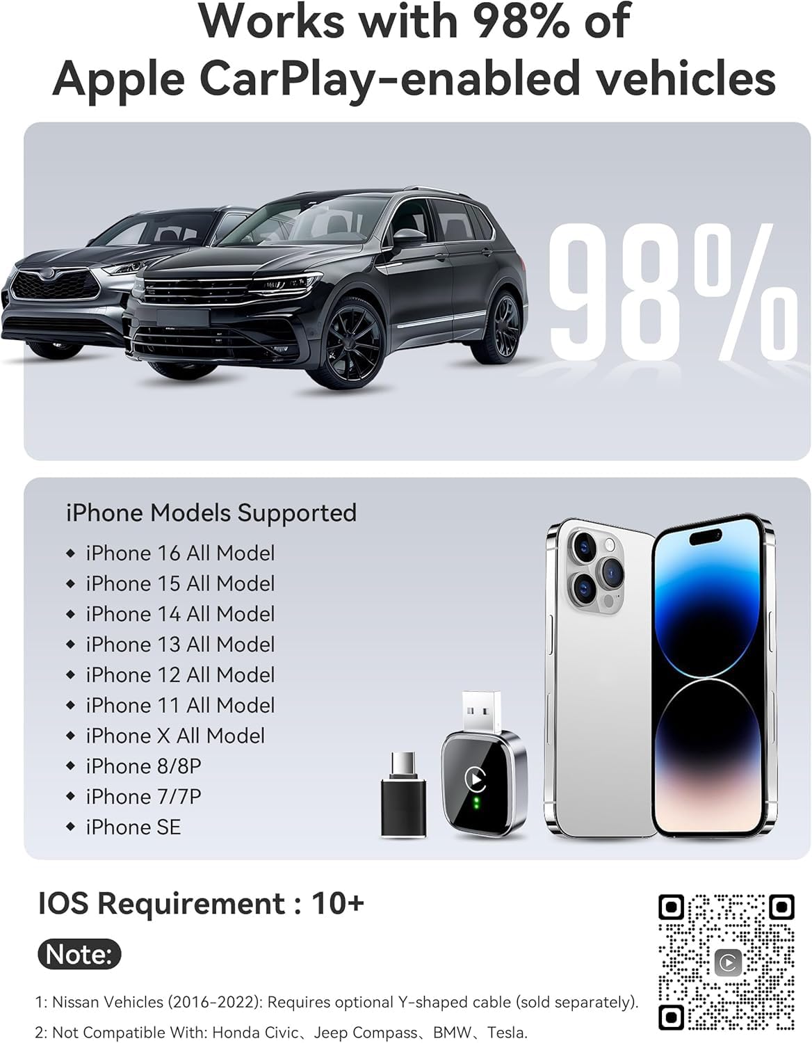 MZU CarPlay bezprzewodowy adapter do iPhone'a – uaktualnienie do bezprzewodowego CarPlay, Plug & Play, USB/Type-C, mini i stabilny bezprzewodowy adapter Car Play, kompatybilny z Apple iOS 10+ i