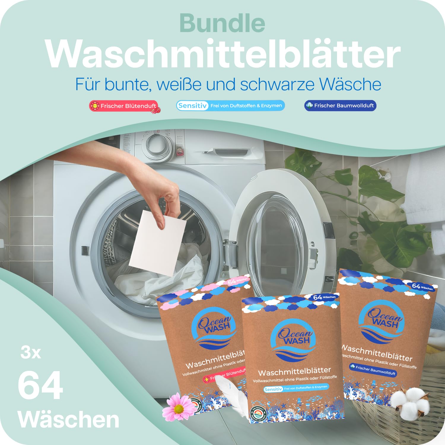 Waschmittelblätter Bundle für 3x64 Wäschen, biologisch abbaubar, Waschtücher für alle Textilien und Farben, Laundry Detergent Sheets