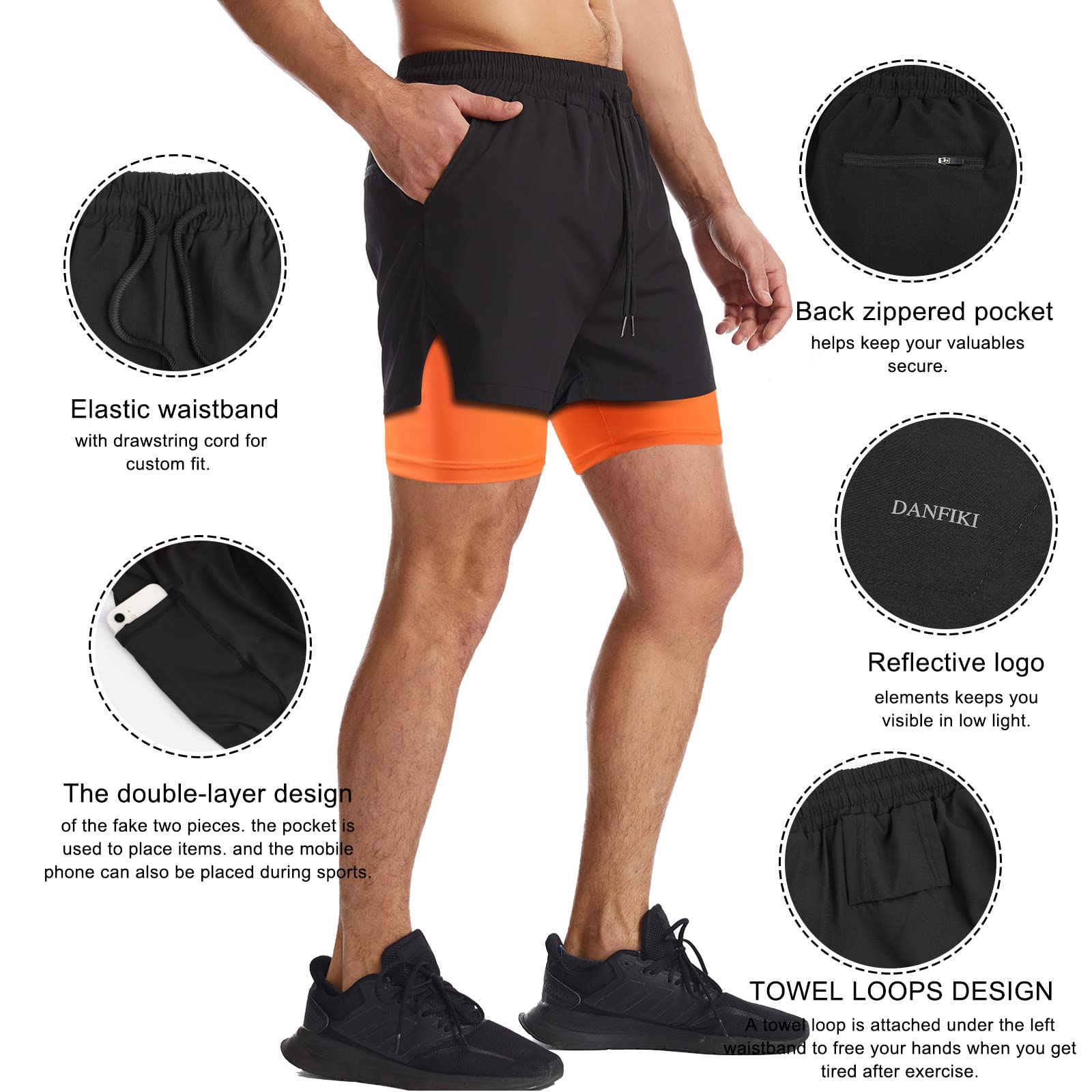 Danfiki Pantaloncini Sportivi da Uomo Running Shorts Asciugatura Rapida con Tasca per Jogging Tennis Fitness Allenamento 2 in 1