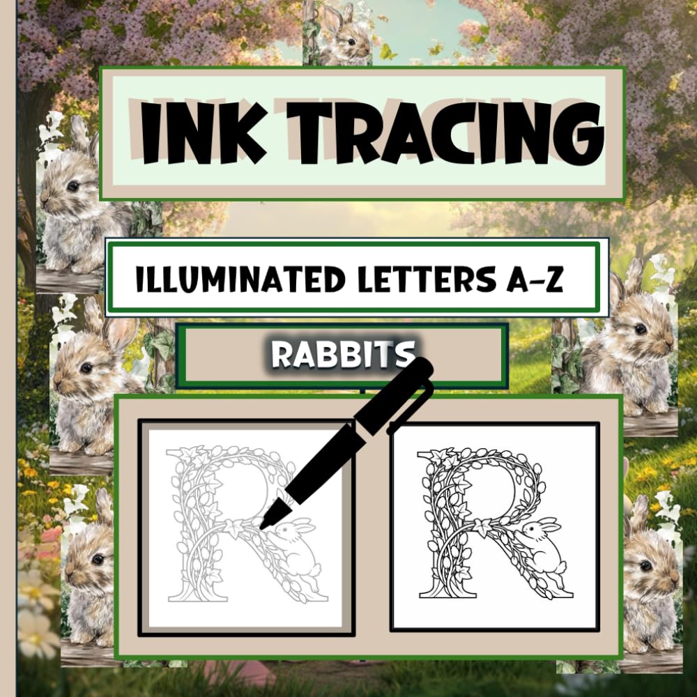 Ink Tracing Illuminated Letters A - Z: Botanical Bunny Alphabet for Calm Ink Tracing Practice