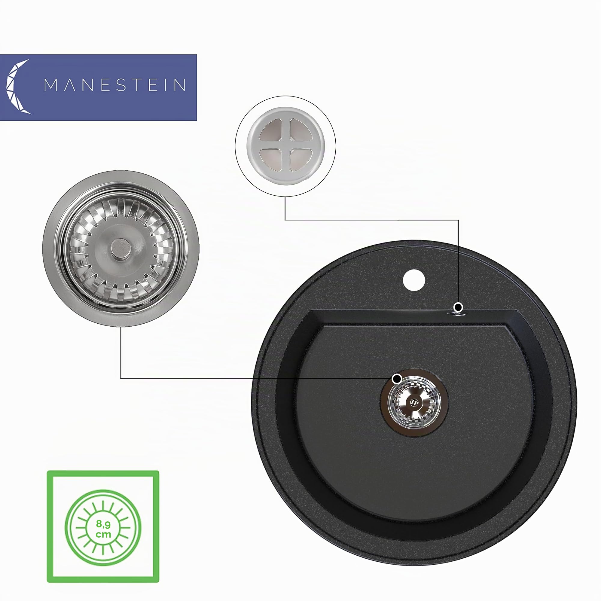 Évier, Évier de Cuisine en Granit, Évier Encastré, Cuve Simple Avec Siphon, Résistant aux Taches et Facile d'Entretien, 80% Sable de Quartz, 1 cuve, Rond, Ø 49, Graphite - Noir Moucheté