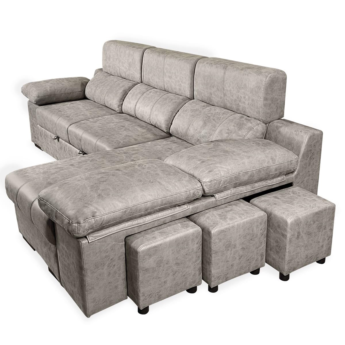 amuéblate online - Chaise Longue Sofá Cama con Puffs Modelo Altea, Diseño Moderno, Práctico y Funcional, con Arcón de Almacenaje, Color Gris