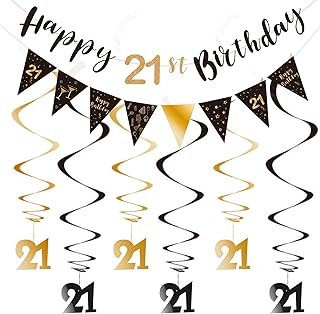 21st Birthday Decoration Kit, Happy 21st Birthday Banner Bunting Swirls Streamers, Triangle Flag Banner for Birthday Party Decorations Supplies Black and Gold 21st