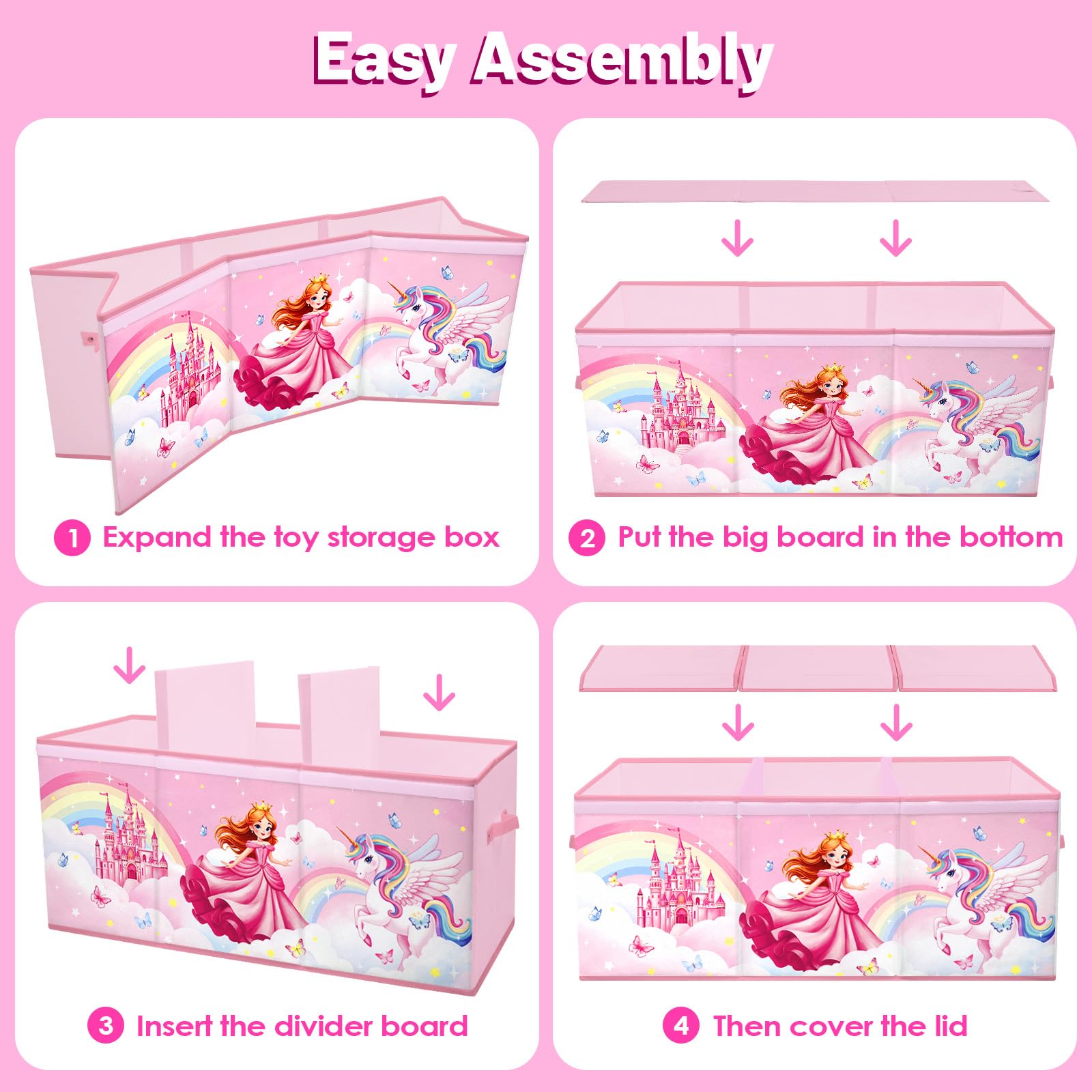 Boîte Rangement Coffre de Jouet,Grand Boîte à jouets avec Couvercle et Poignées pour Enfants Garçons Filles,Pliable Boîte de Rangement Adaptée Aux Chambre, Salle De Jeux,Princesse Licorne