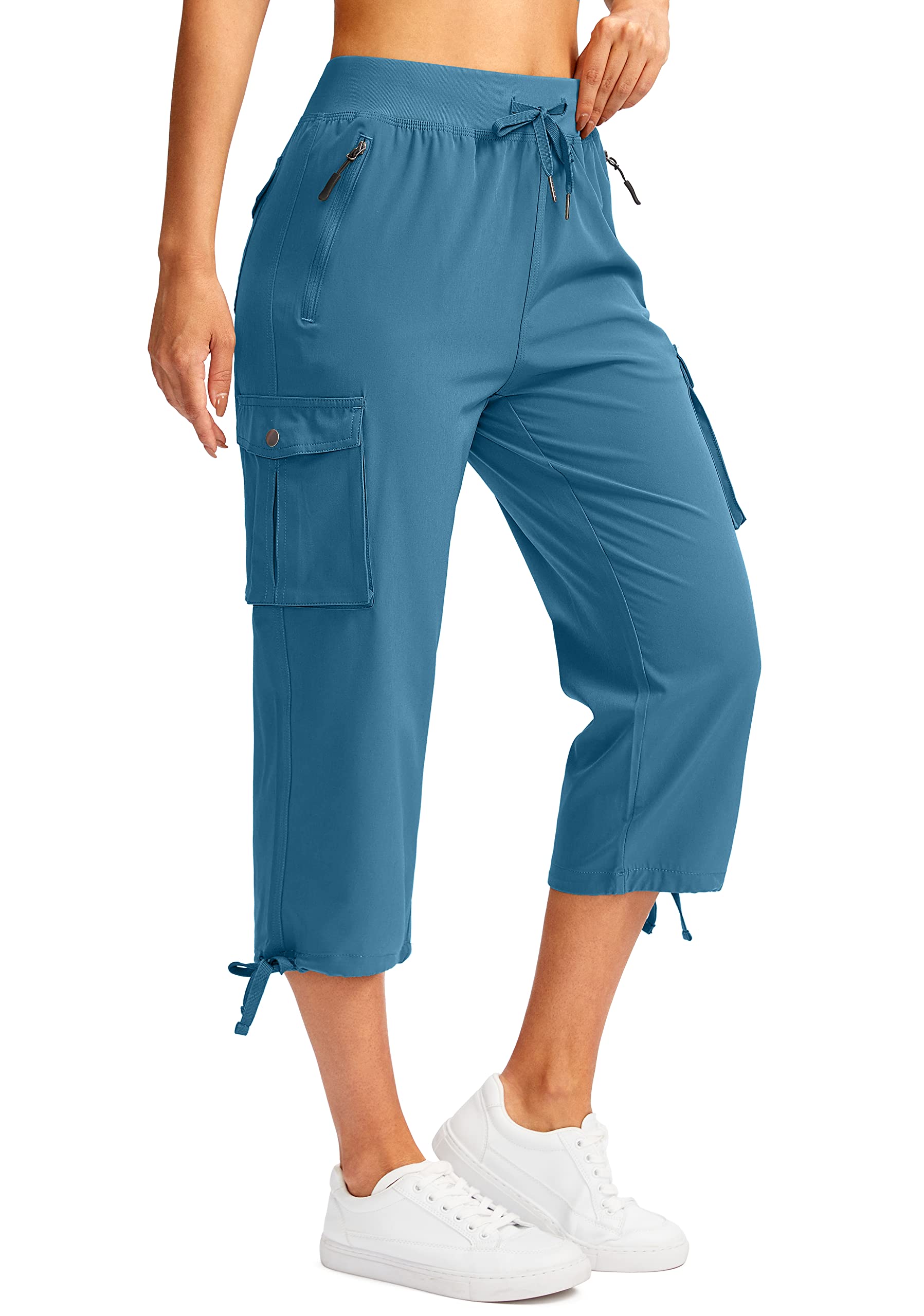 Soothfeel Women's Cargo Capris Pants with 6 Pockets Lightweight Quick Dry Travel Hiking Summer Pants for Women Casual Blue L