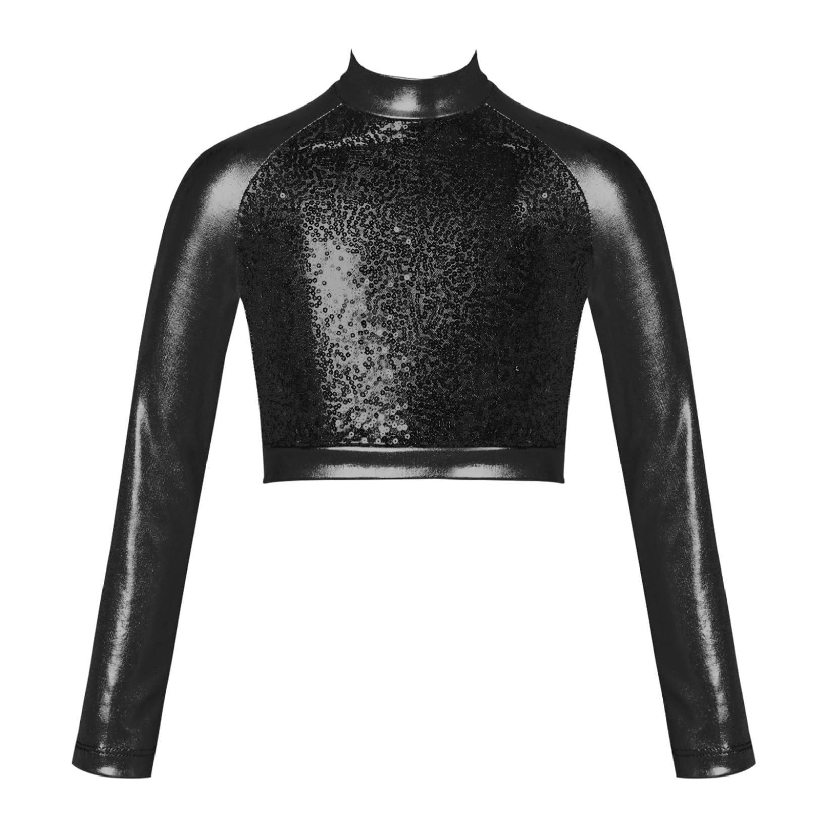 JanJean Girls Metallic Long Sleeve Dance Crop Tops Kids Mock Neck Athletic Tops Hip Hop Jazz Gymnastics Ballet Dancewear Black 8 Years