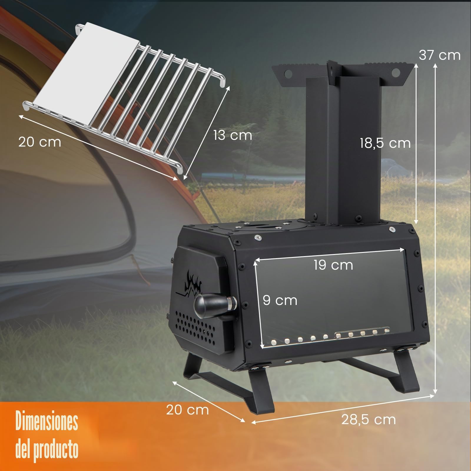 GYMAX Estufa de Leña, Estufa Portátil para Camping con 2 Posiciones de Cocción， 3 Ventilaciones de Aire, Ventana Visual Grande, para Cocinar y Calentar al Aire Libre