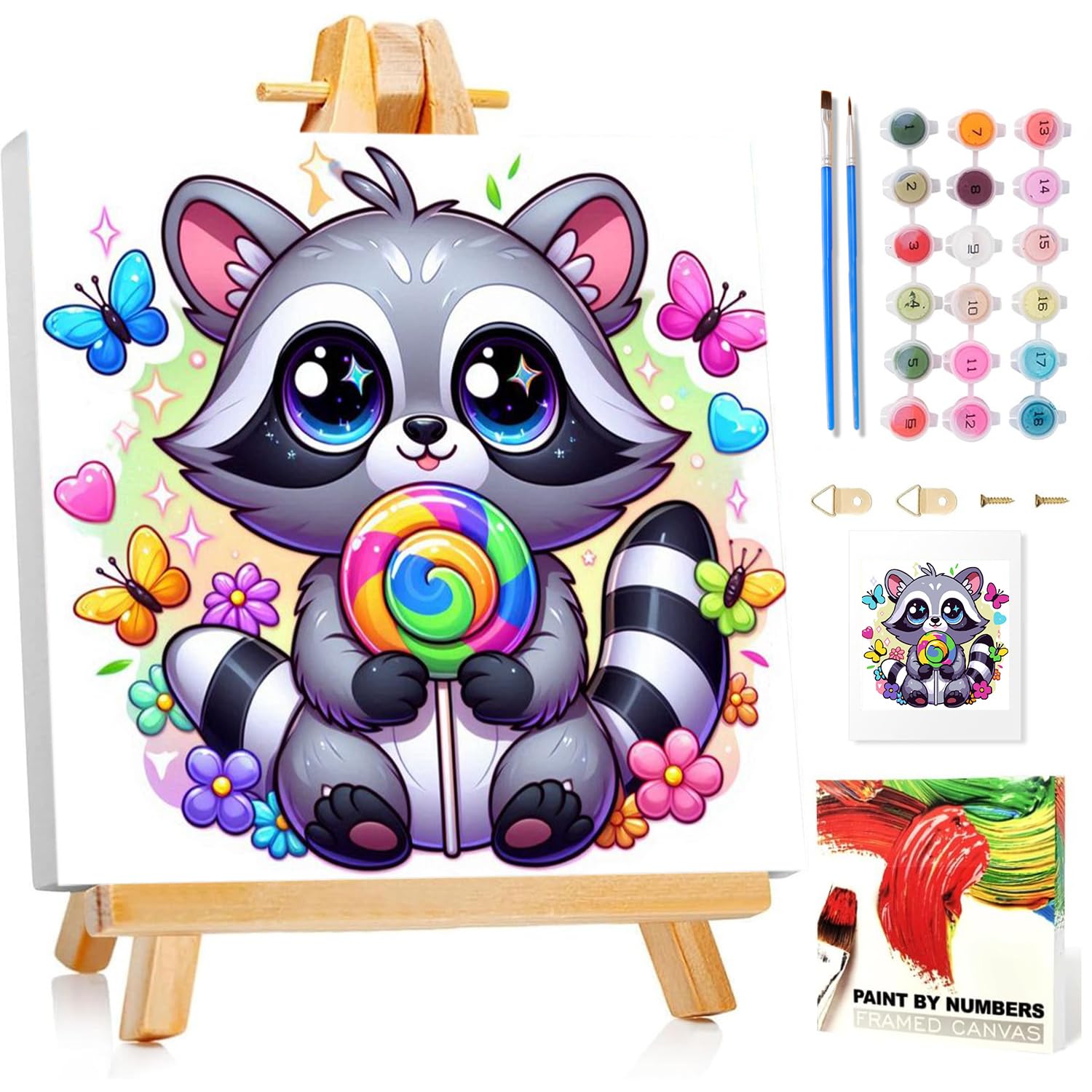 Waschbär Malen Nach Zahlen Kinder mit Rahmen, Malen nach zahlen kinder ab 5 6 7 8 9 10 Jahre, Malset mit Rahmen, Pinsel und Acrylfarben, Geschenk für Mädchen und Jungen, mit Glitzer 20x20cm