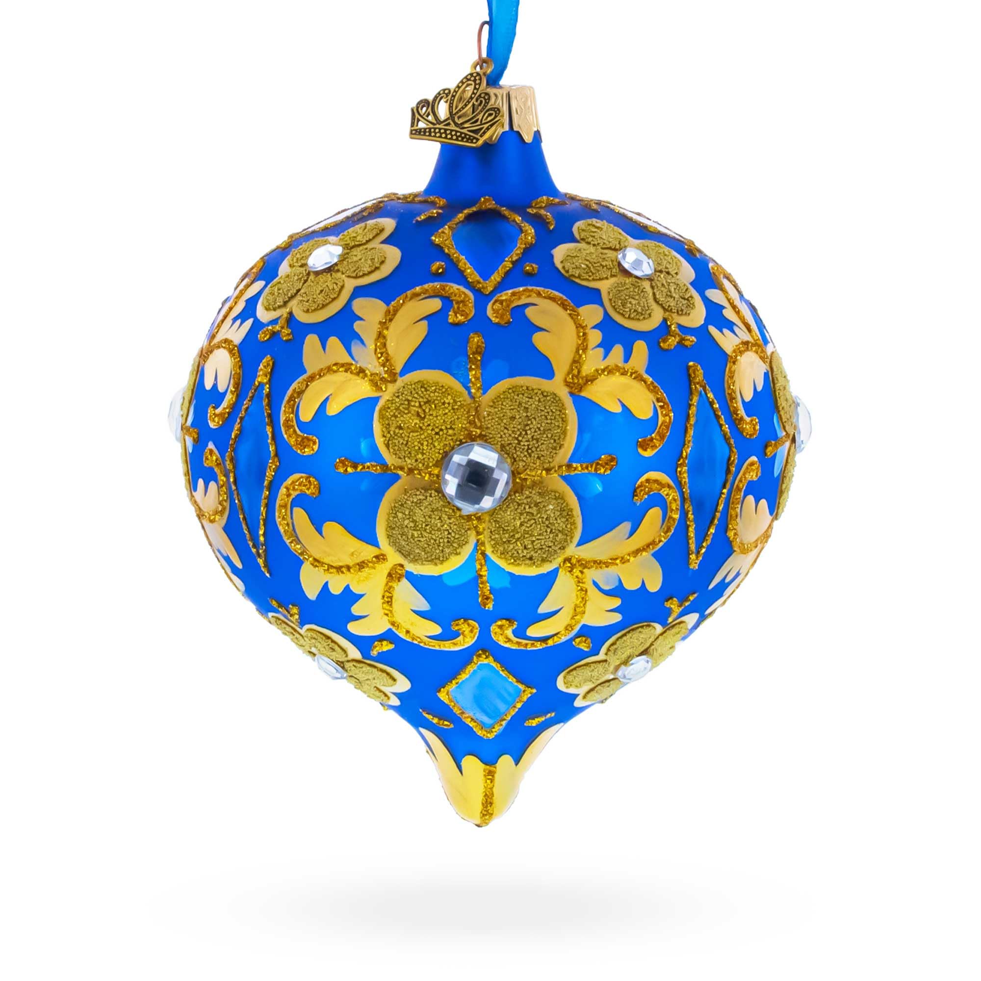 Ornement de Noël en verre bleu et feuilles dorées à offrir en cadeau